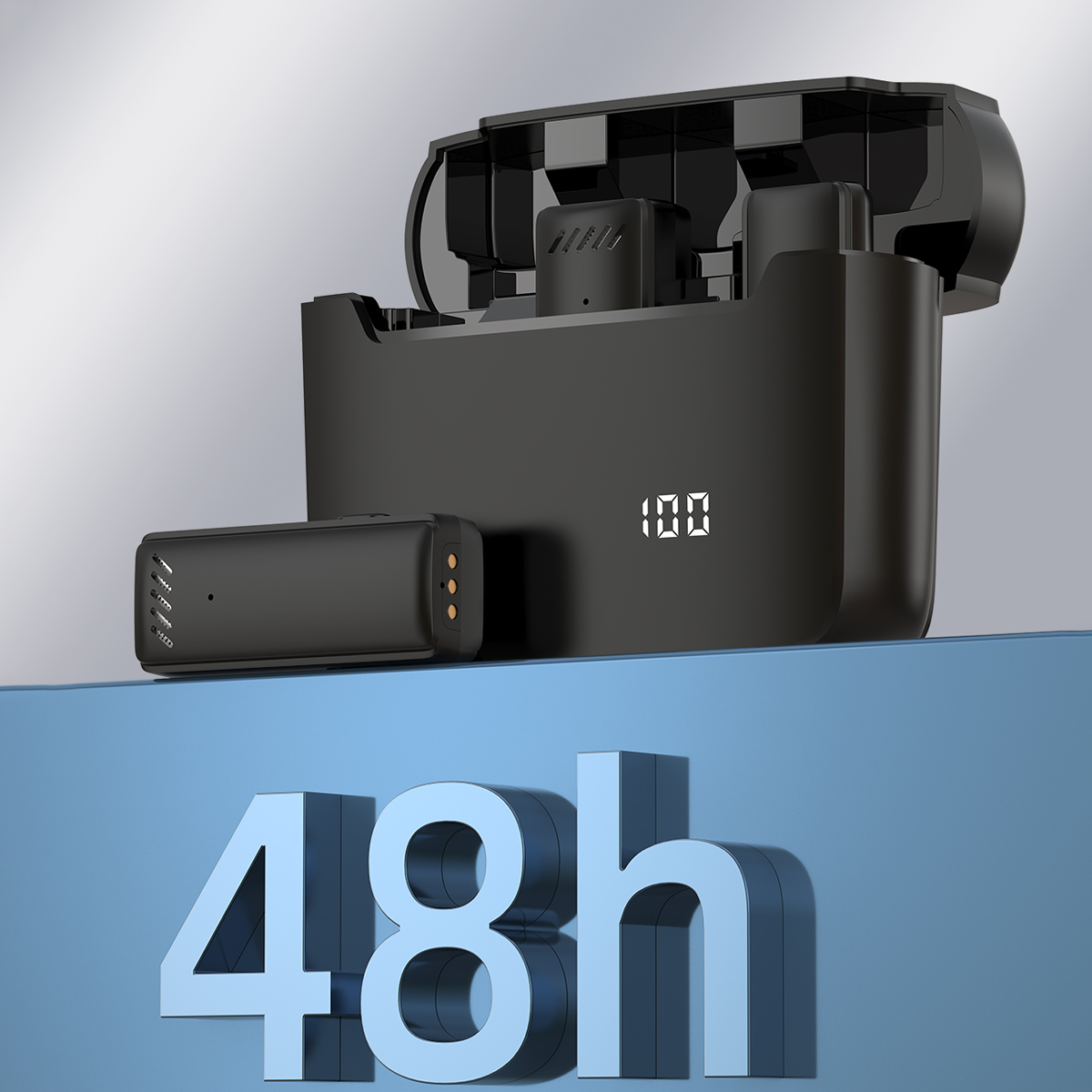 Auriculares inalámbricos negros en estuche de carga con '100' y una batería.