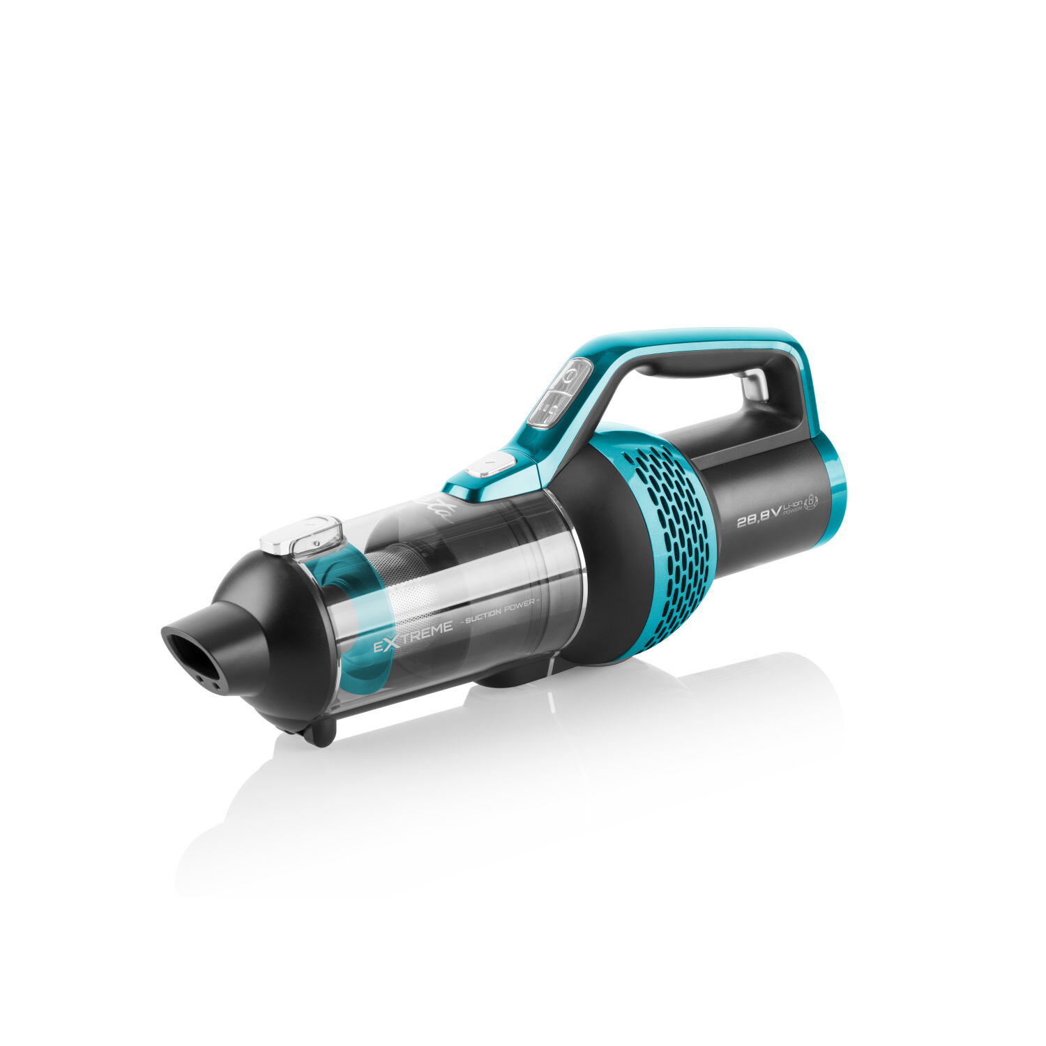 Ein teal-farbener und schwarzer Handstaubsauger mit ergonomischem Griff.