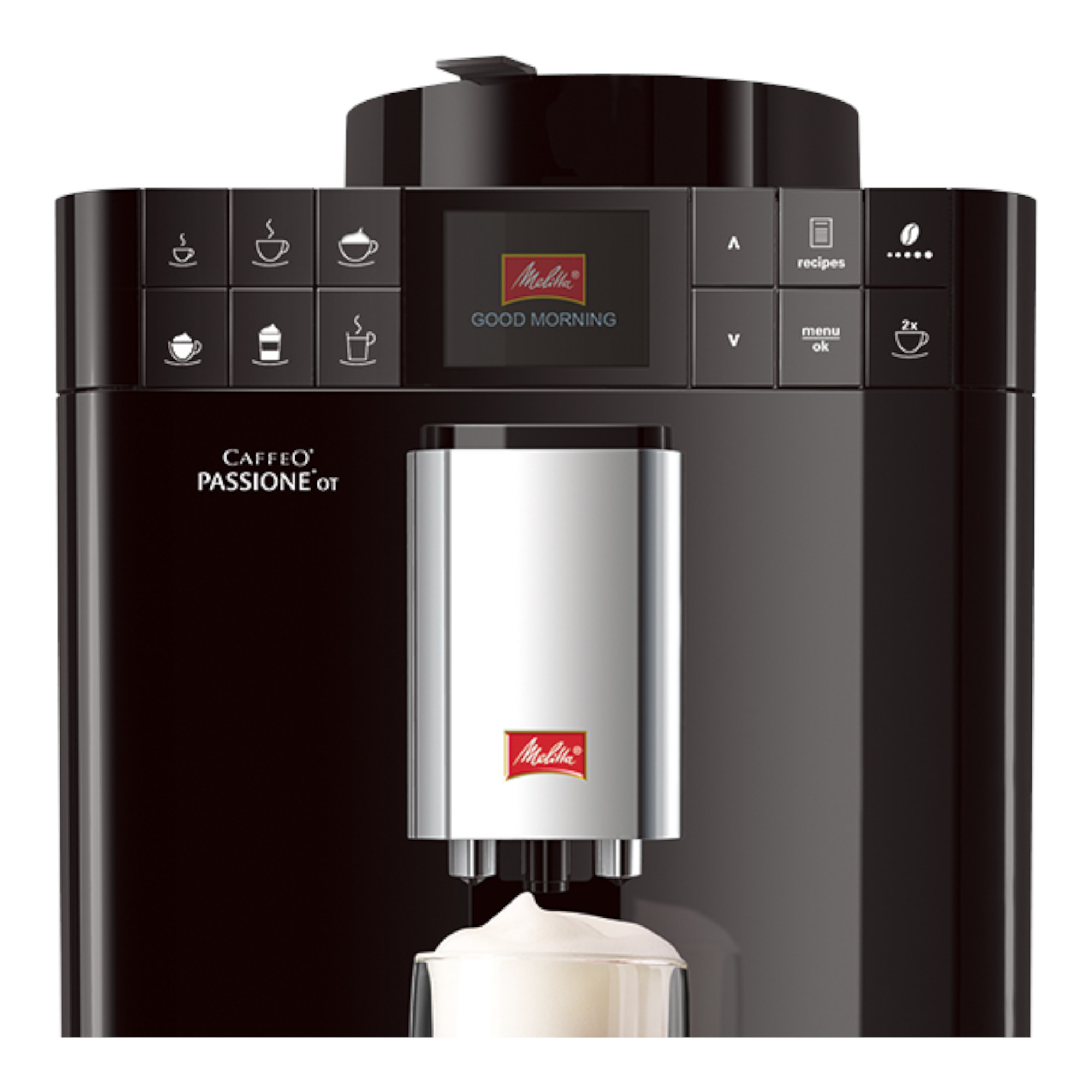 Czarny ekspres do kawy ze srebrną wylewką i ekranem. Na ekranie napis 'Good Morning'.