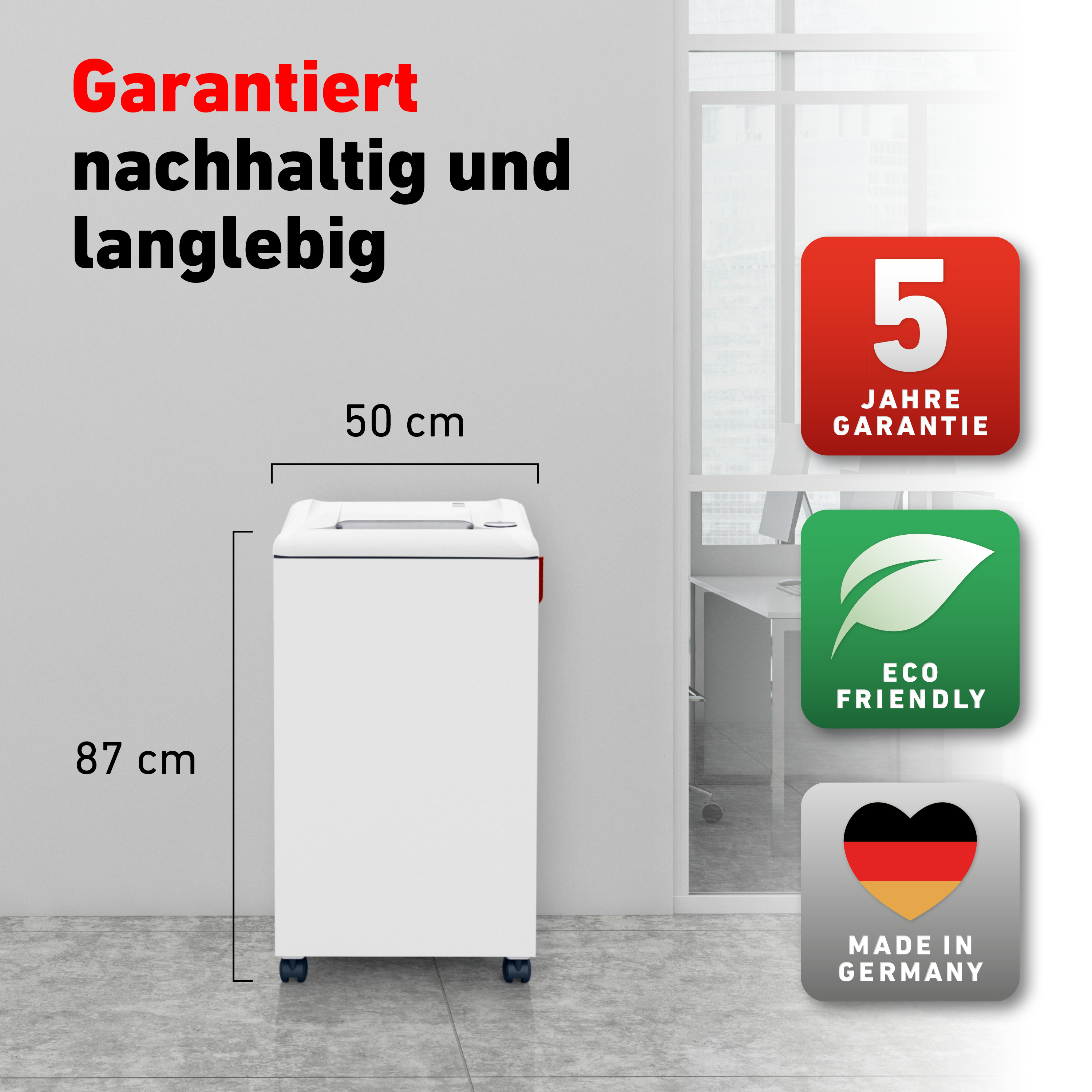Weißer Aktenvernichter. Abmessungen: 50 cm Breite, 87 cm Höhe. Hat Garantieinformationen.