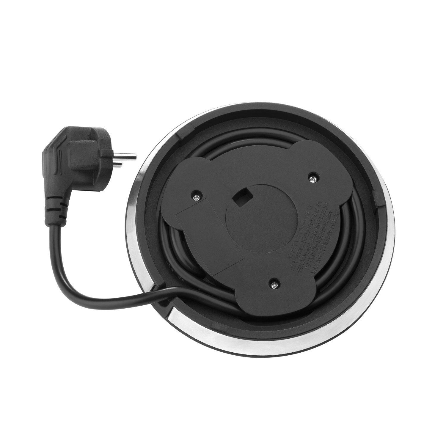 Draufsicht auf einen Wasserkocherboden mit angeschlossenem Netzkabel und Stecker.