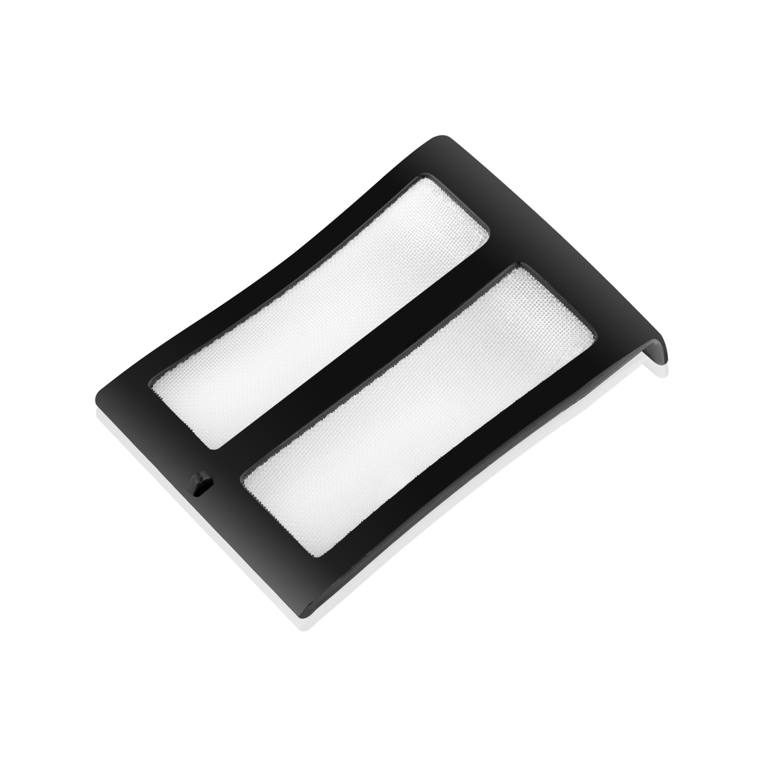 Schwarzer rechteckiger Filter mit zwei weißen Netzabschnitten auf weißem Grund.