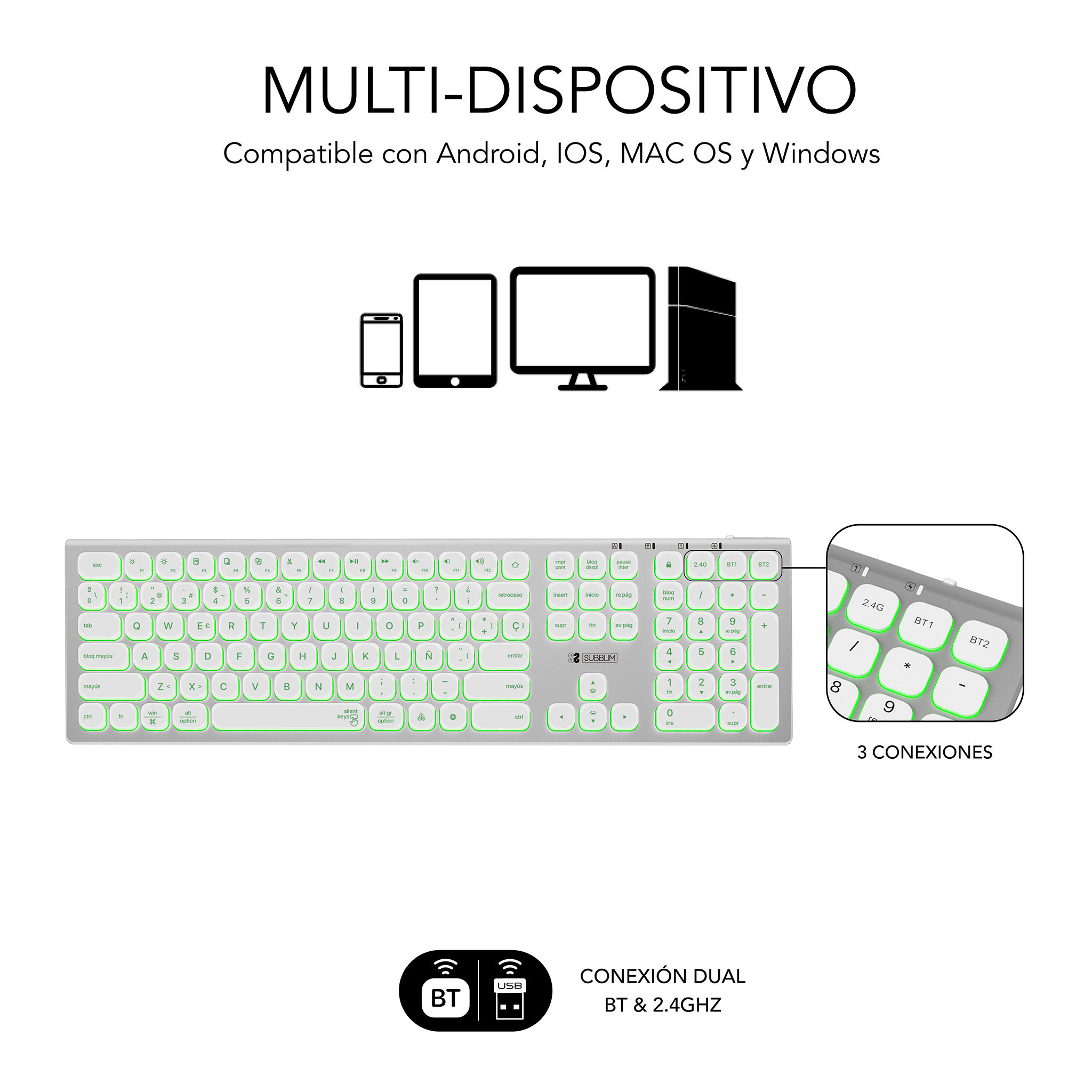 Tastiera bianca con tasti retroilluminati verdi, con molteplici opzioni di connessione e USB.