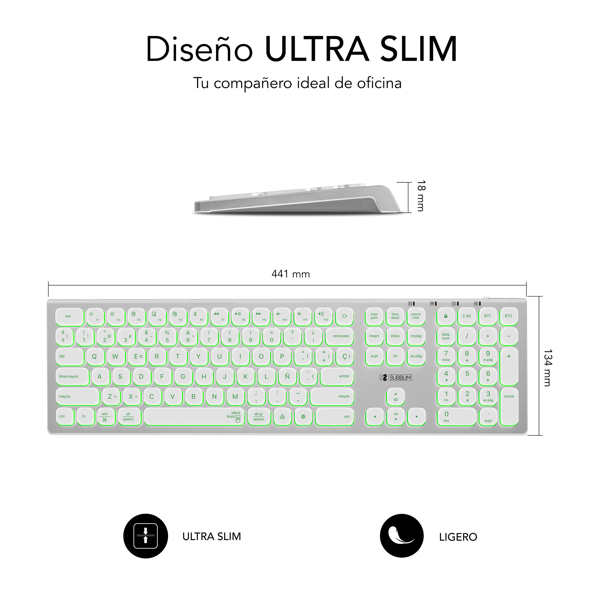 Tastiera con tasti retroilluminati verdi, corpo bianco e design ultra-sottile. Dimensioni: 441x134x18 mm.