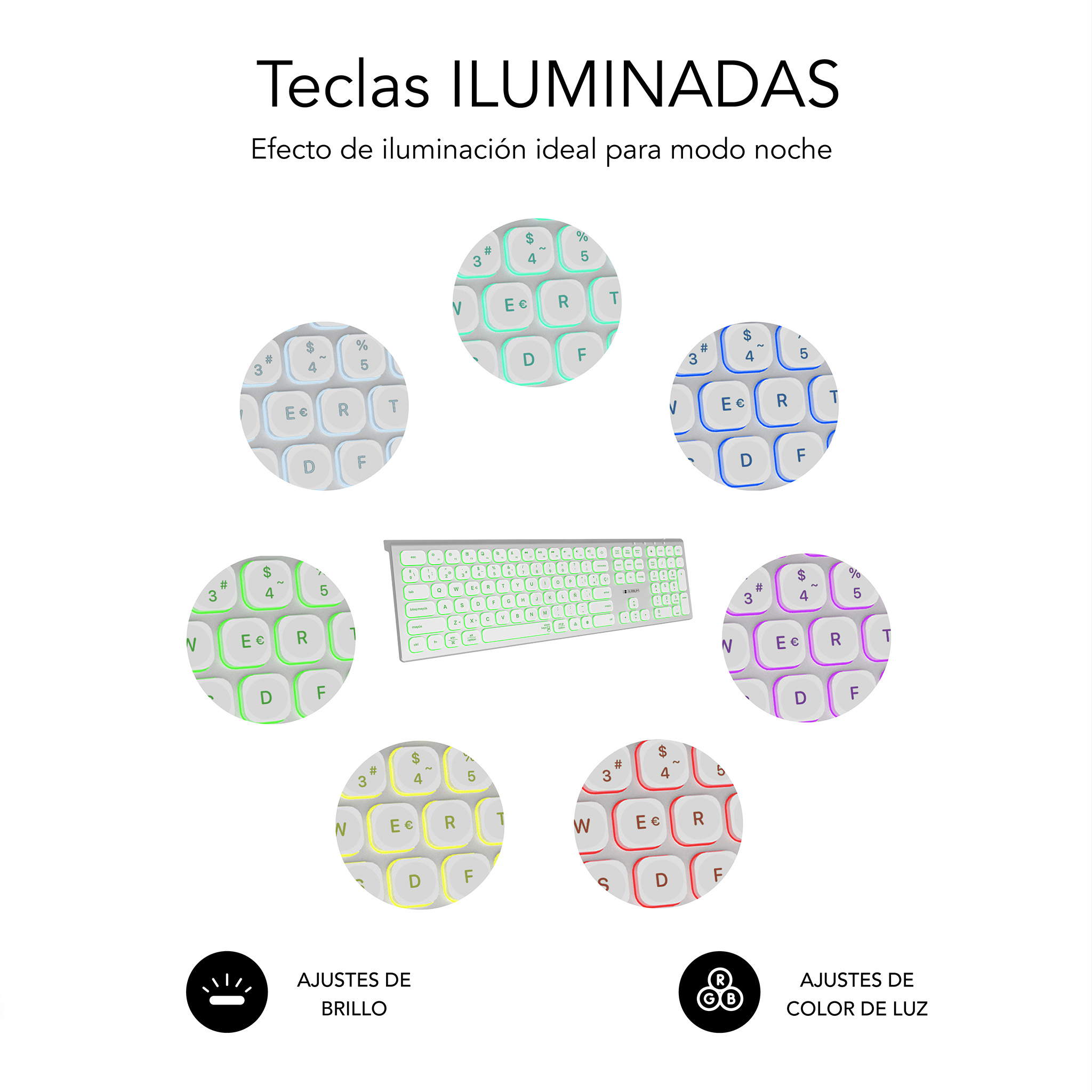 Primo piano di una tastiera con tasti illuminati in diversi colori, con icone di regolazione sottostanti.
