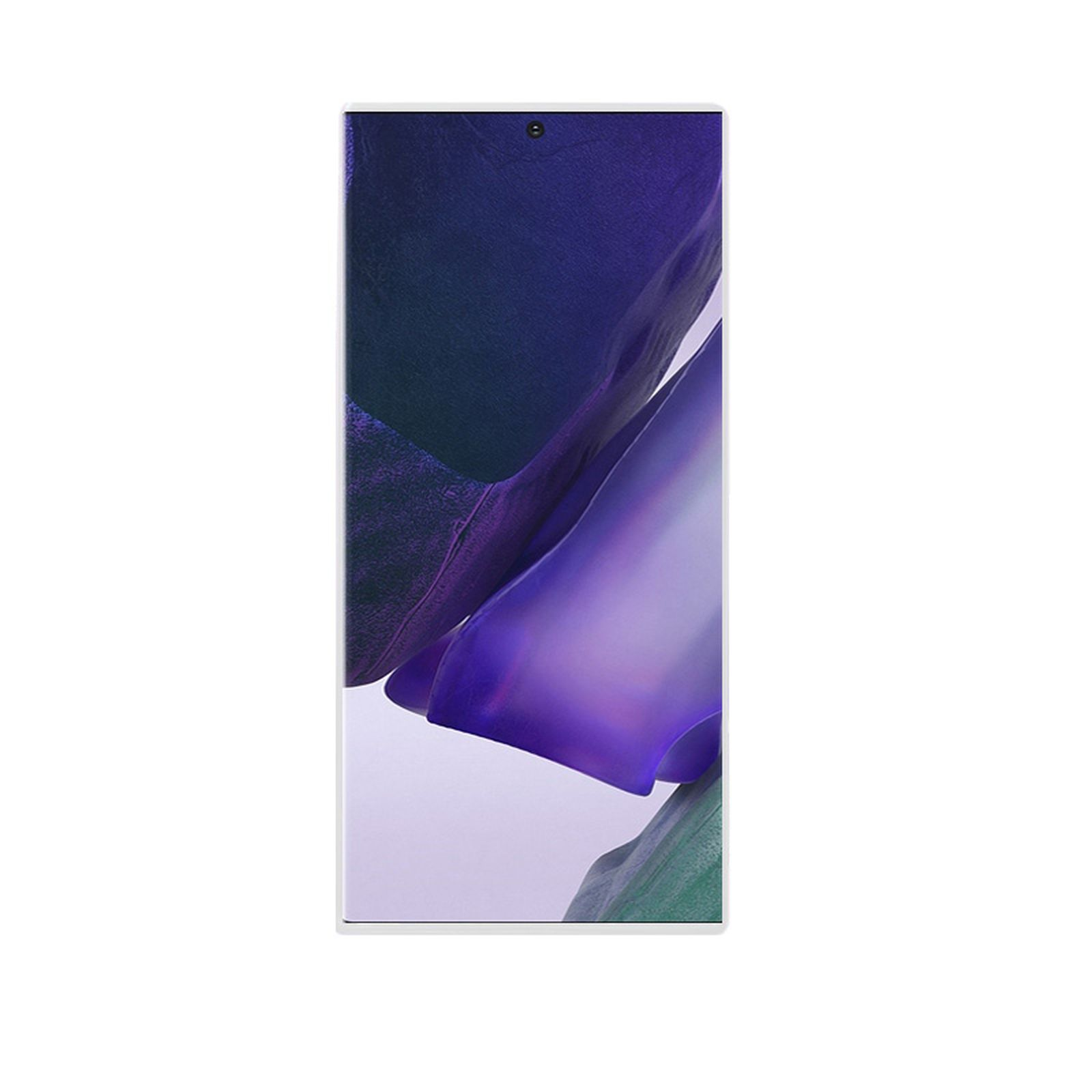 Ein Smartphone mit einem Bildschirm, der ein farbenfrohes abstraktes Bild anzeigt. Das Telefon ist weiß mit schwarzem Rand.