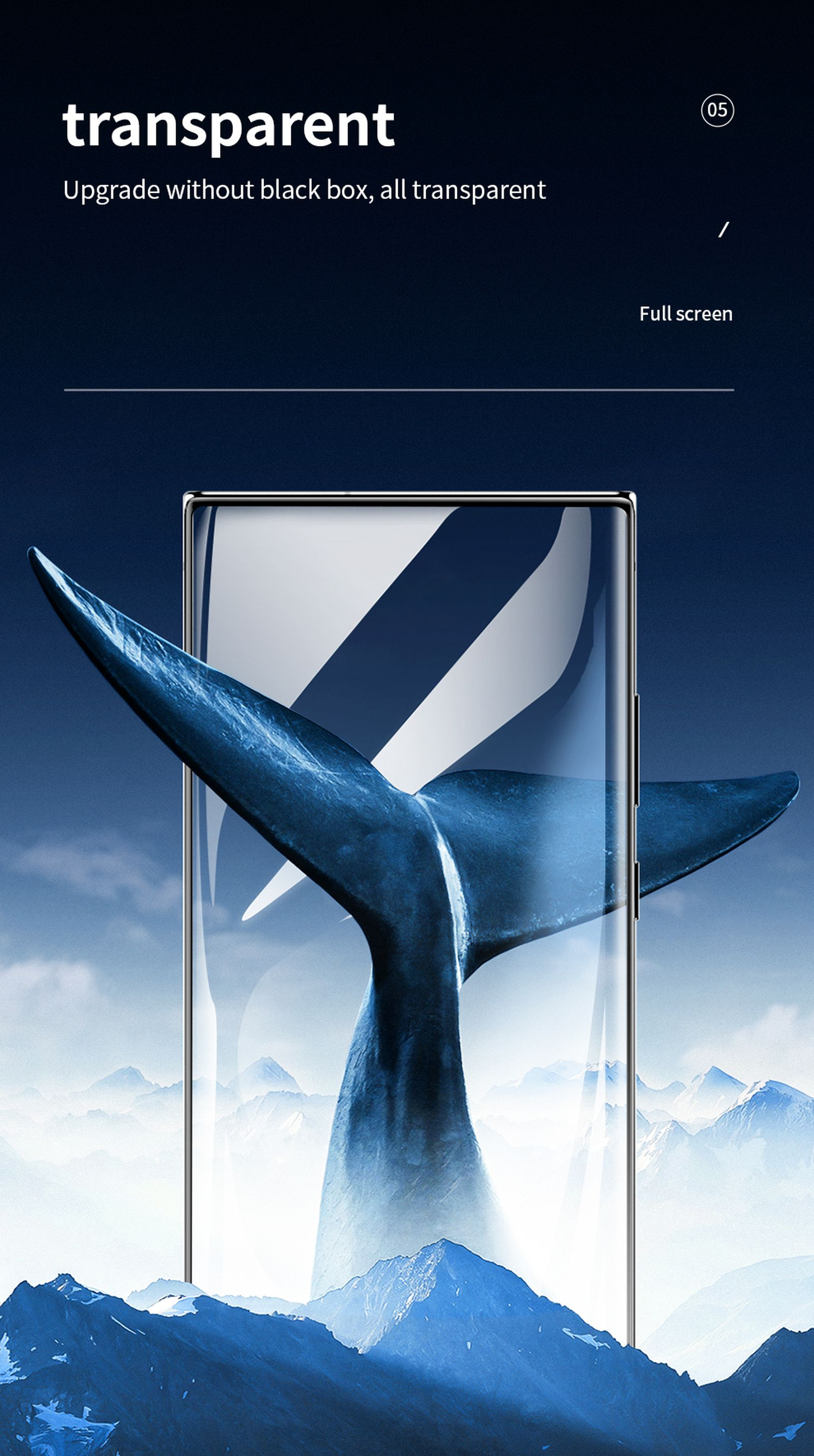 Ein Telefonbildschirm mit einer Walflossen-Illustration. Der Text lautet transparent und Upgrade ohne Blackbox.
