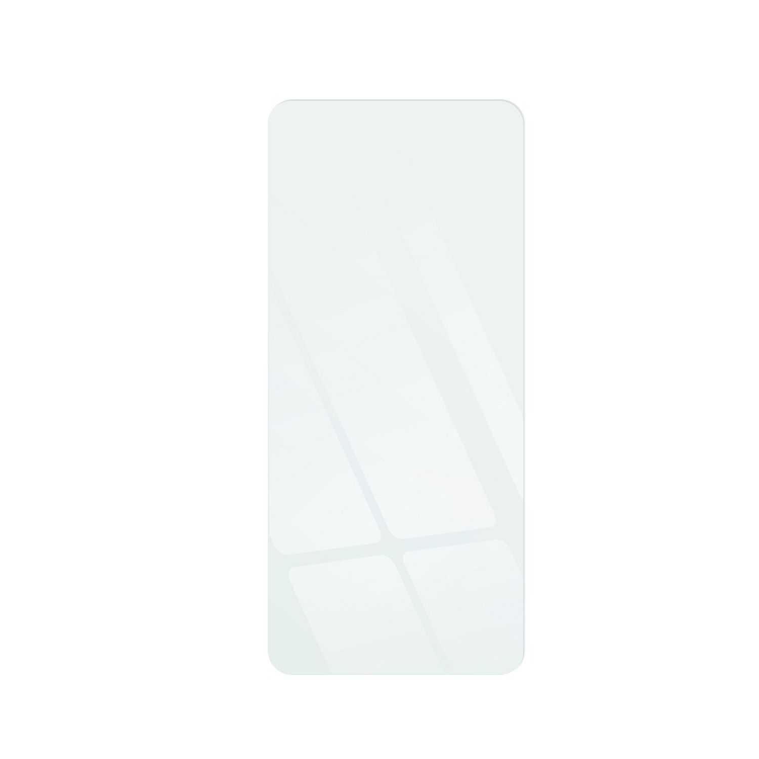 Ein transparenter Displayschutz, rechteckig, mit glänzendem Finish, auf weißem Hintergrund.