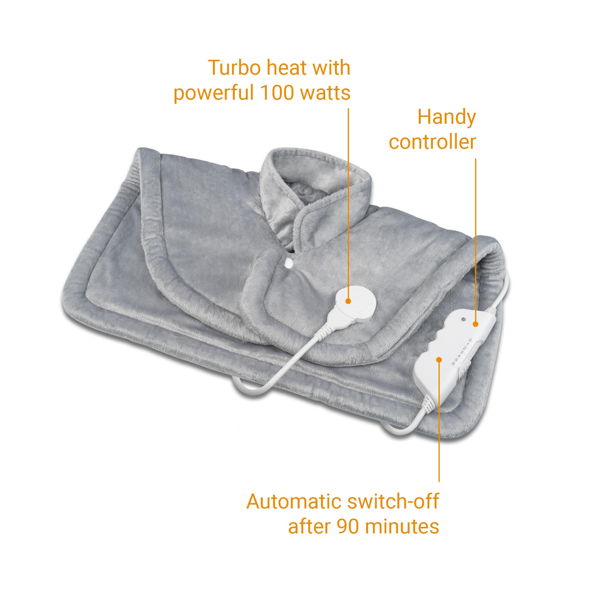 Szara poduszka grzewcza z kontrolerem i etykietami tekstowymi. Ma białe tło.