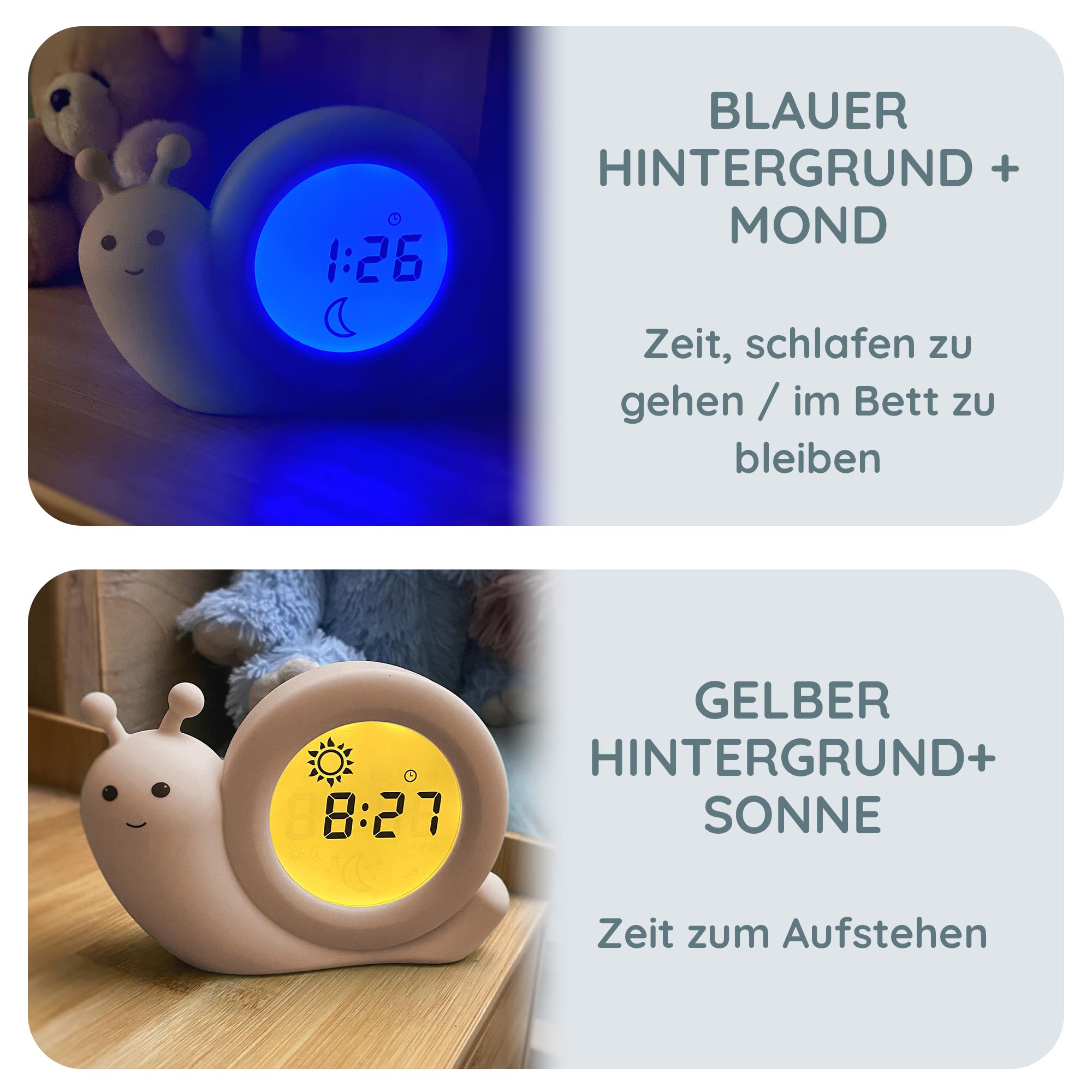 Schneckenförmiger Wecker mit zwei Szenen: blau mit Mond, gelb mit Sonne.