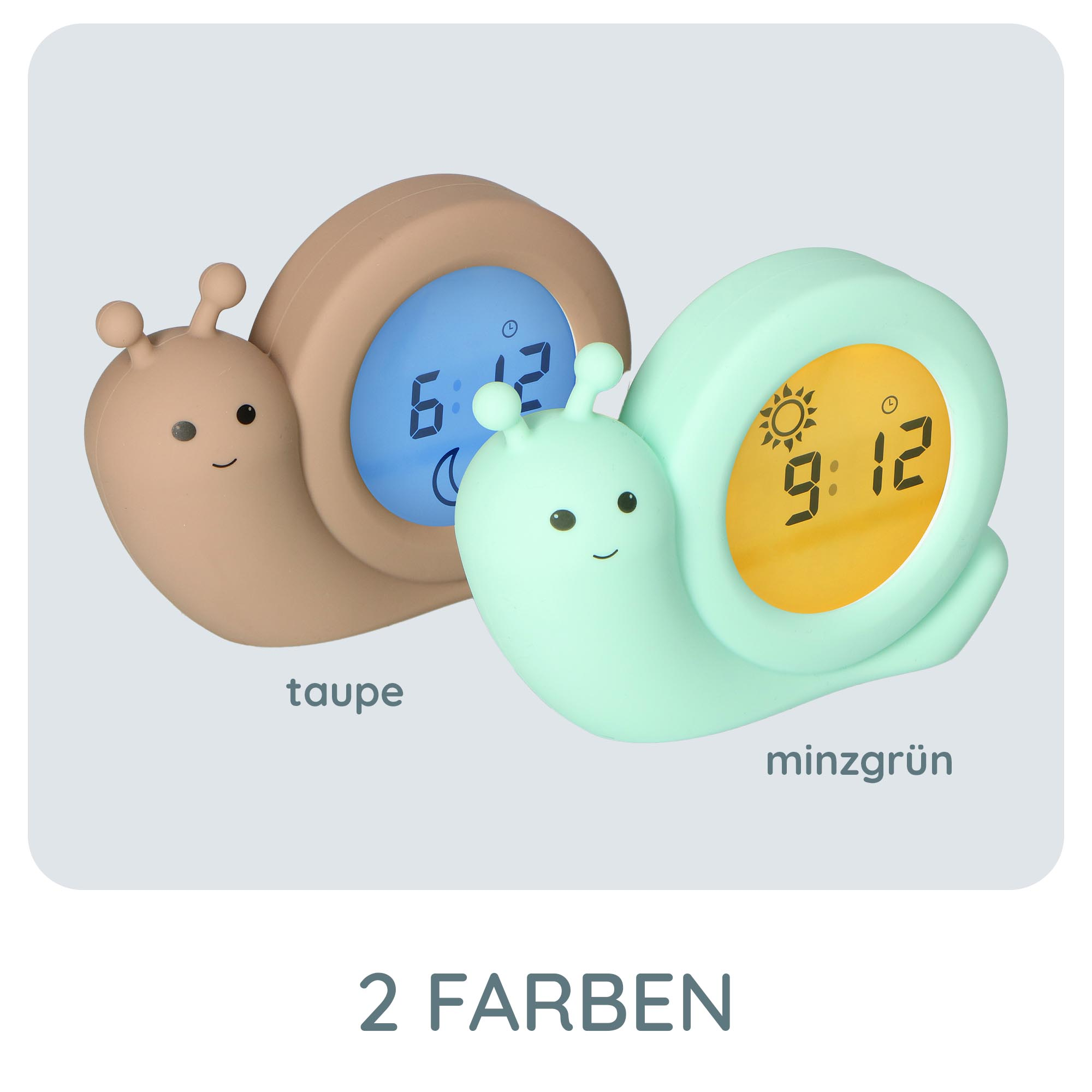 Zwei Zeichentrick-Schnecken-Wecker. Einer ist braun, der andere mintgrün, sie zeigen die Zeit.
