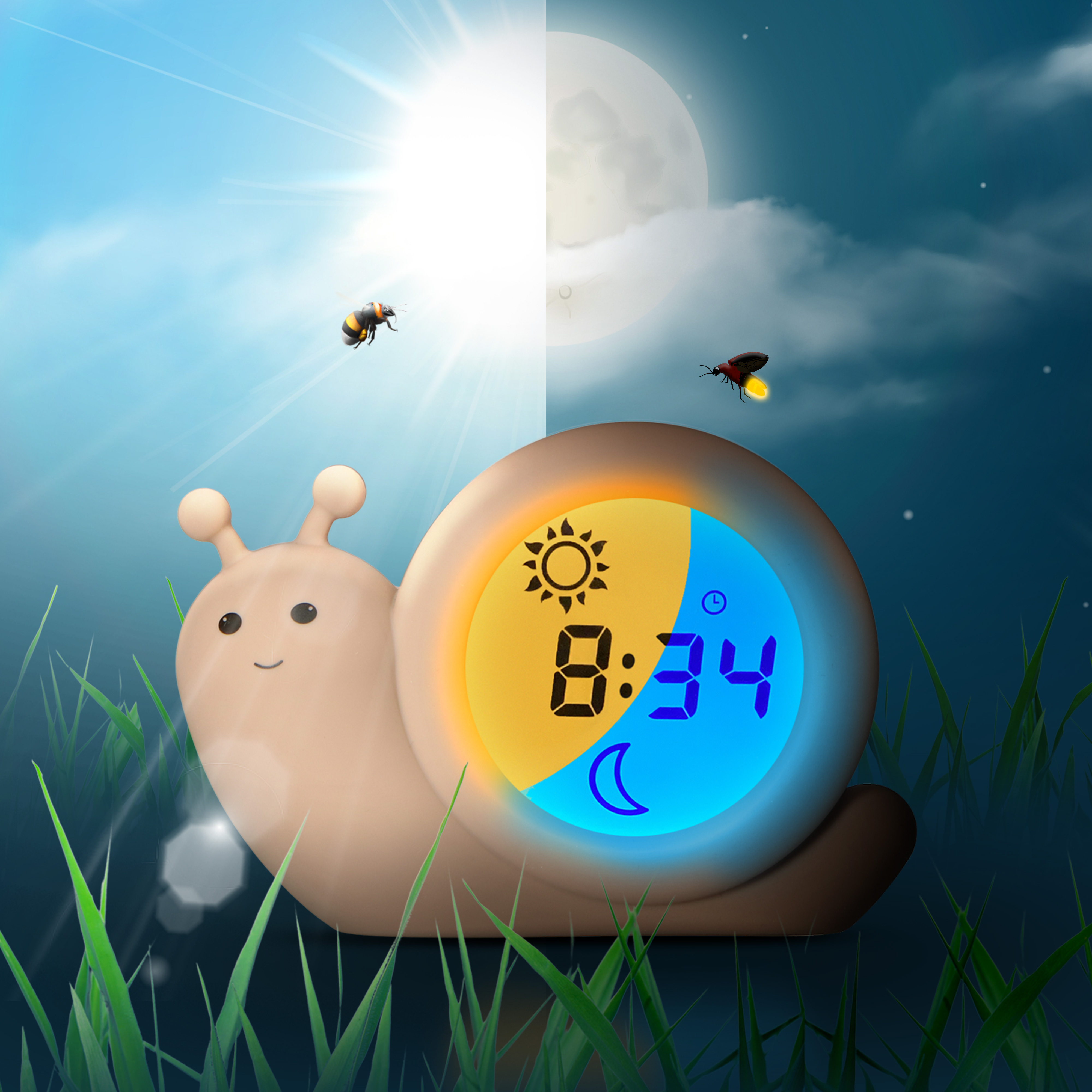 Snail-vormige wekker toont 8:34 uur met zon- en maaniconen, met insecten en gras.