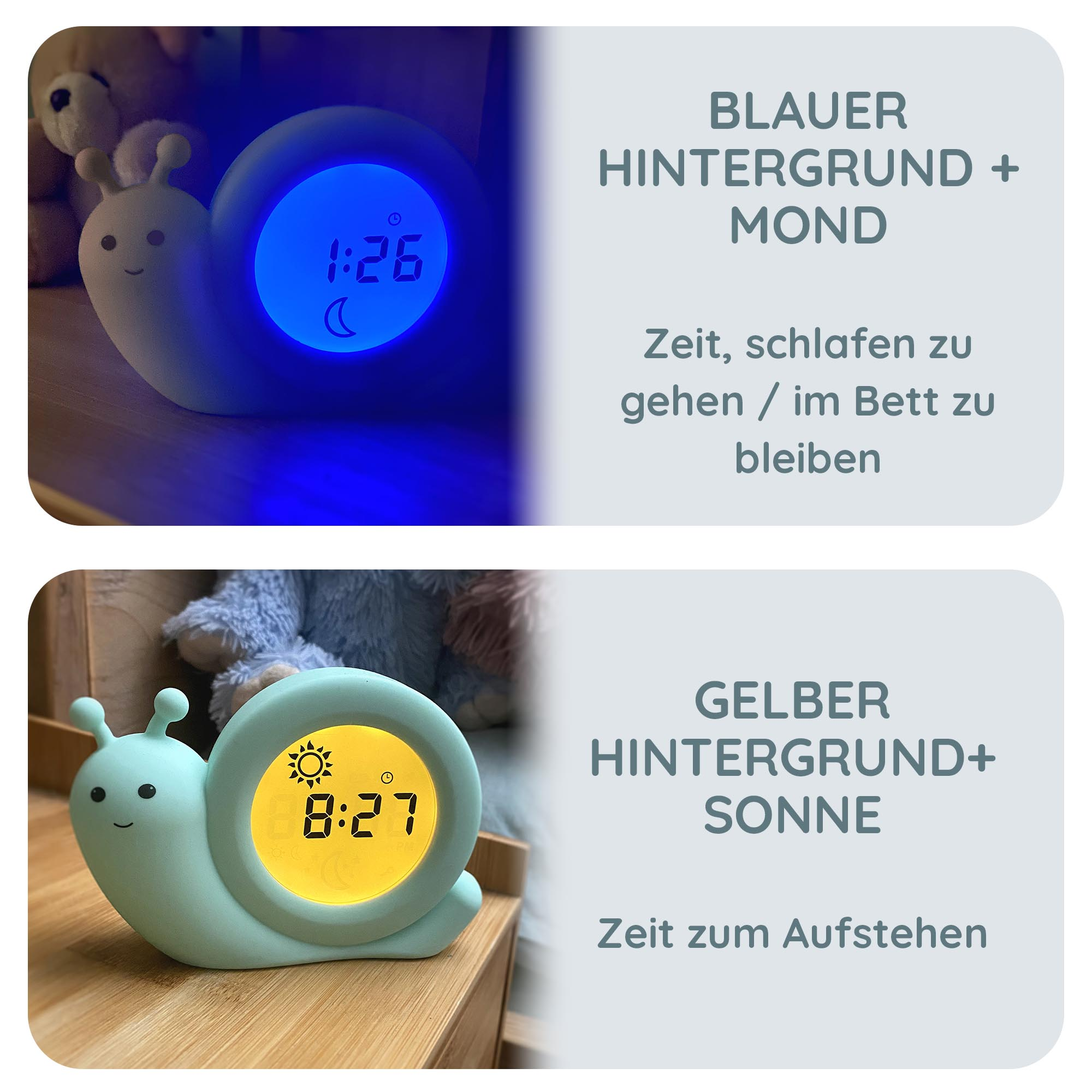 Zwei Bilder eines schneckenförmigen Weckers, blauer und gelber Hintergrund.