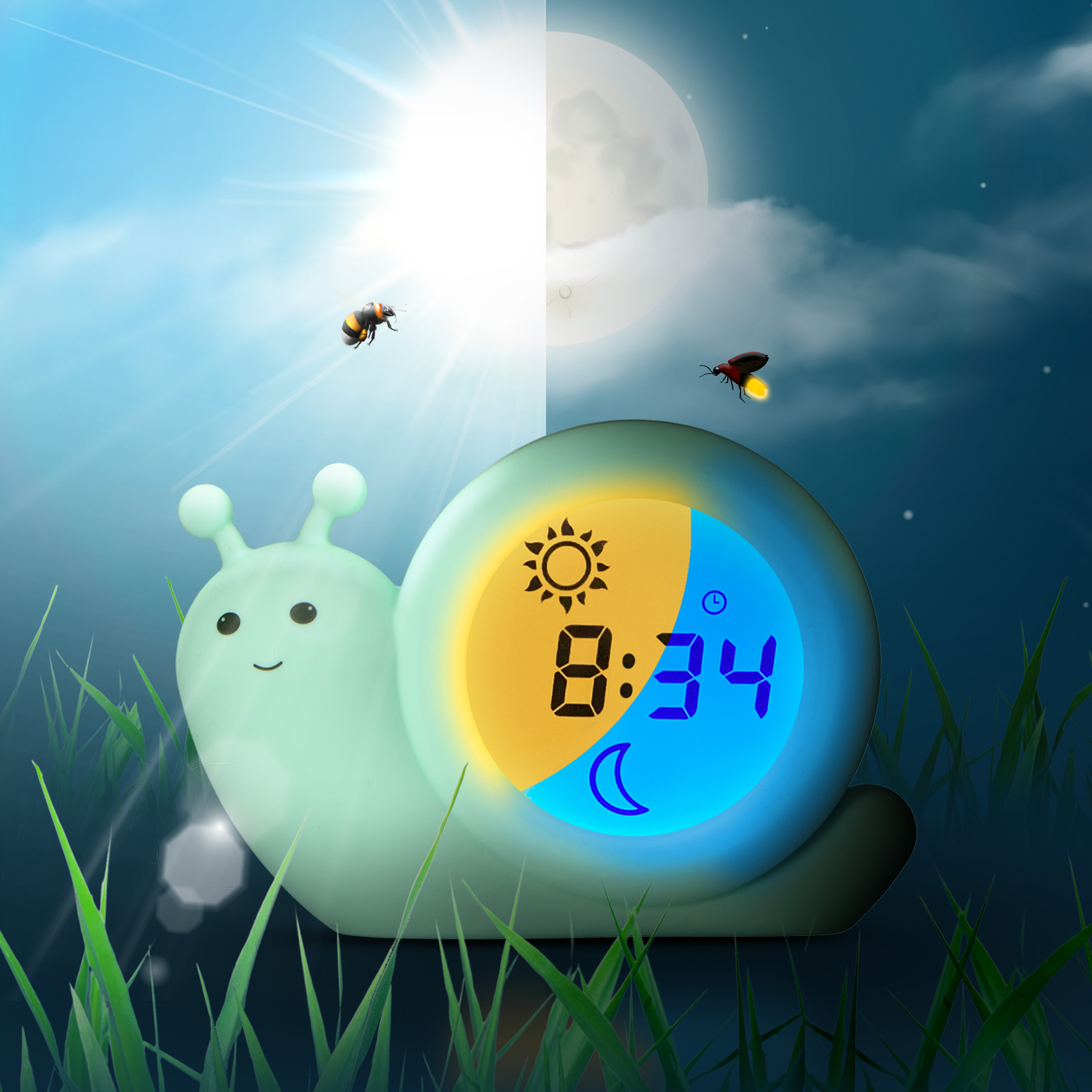 Un réveil en forme d'escargot de dessin animé affiche 8h34. Une lune, un soleil et deux insectes sont dans le ciel.