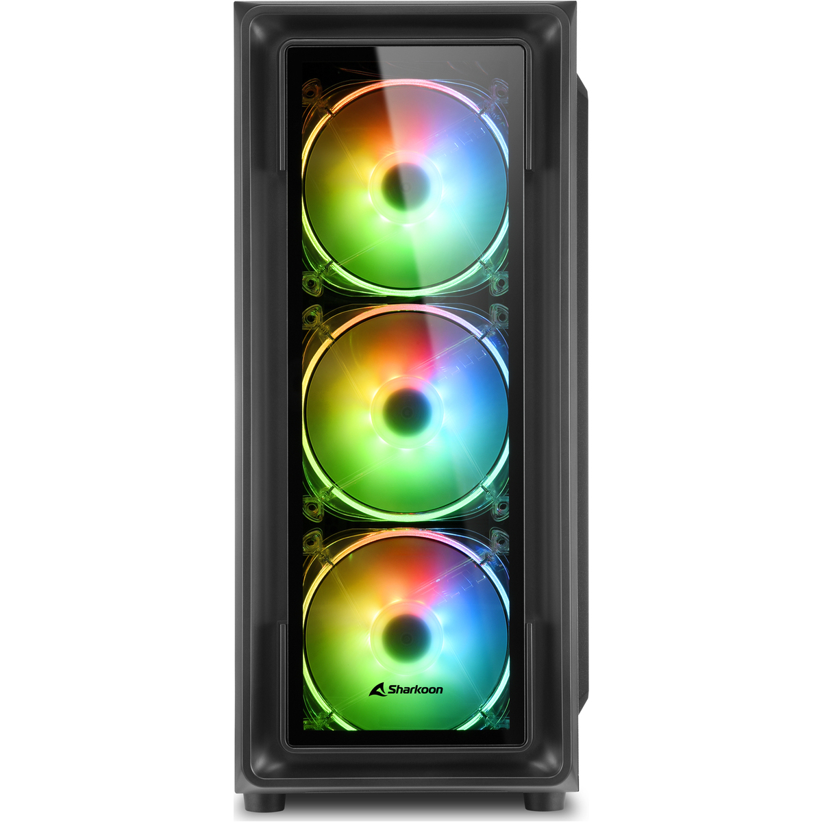 Black computer case with three RGB fans. The front has a glass panel. The brand 'Sharkoon' is displayed.