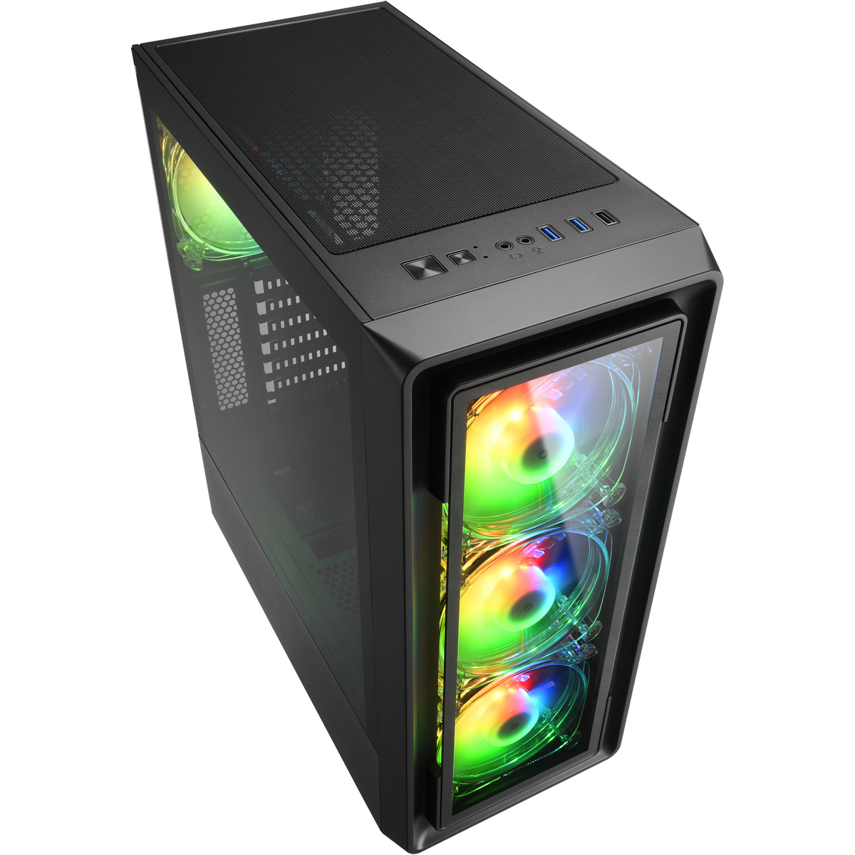 Black computer case with glass panel, RGB fans, and mesh top.