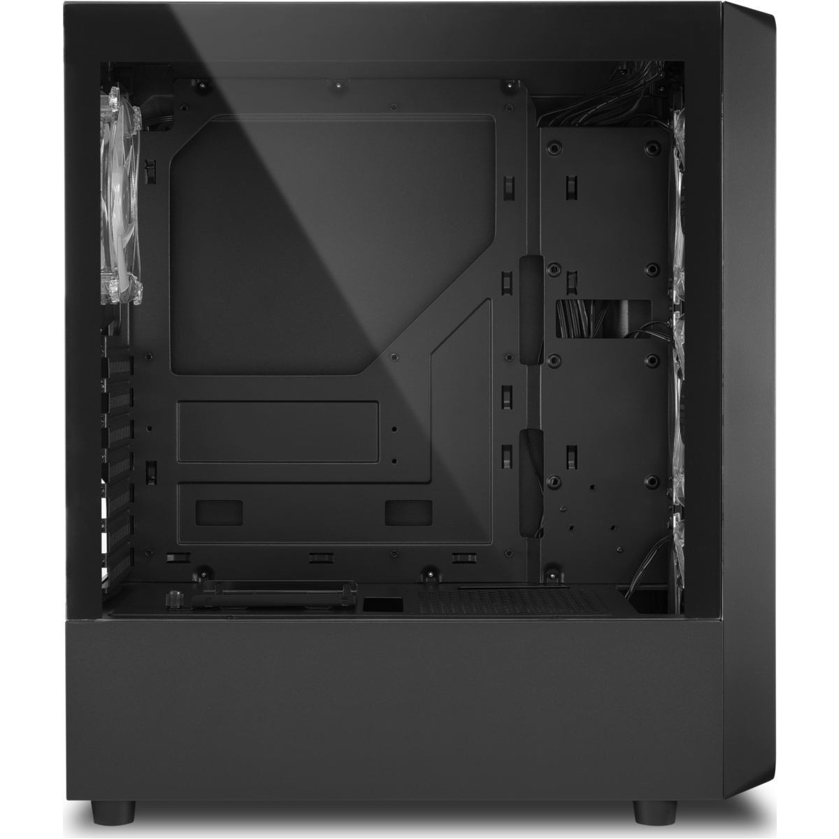 Black computer case with open side panel, revealing interior components.