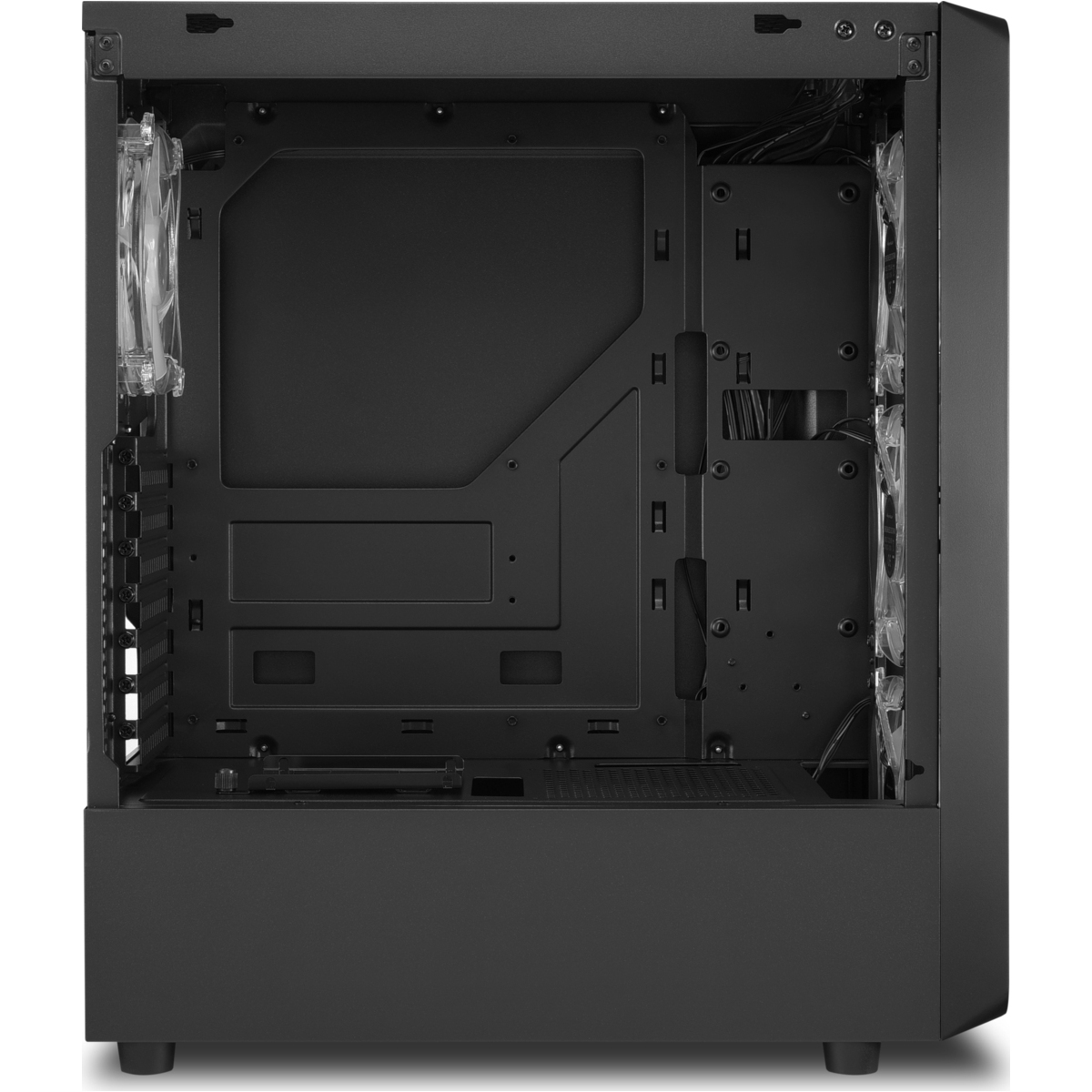 Black computer case, open, showing interior components.