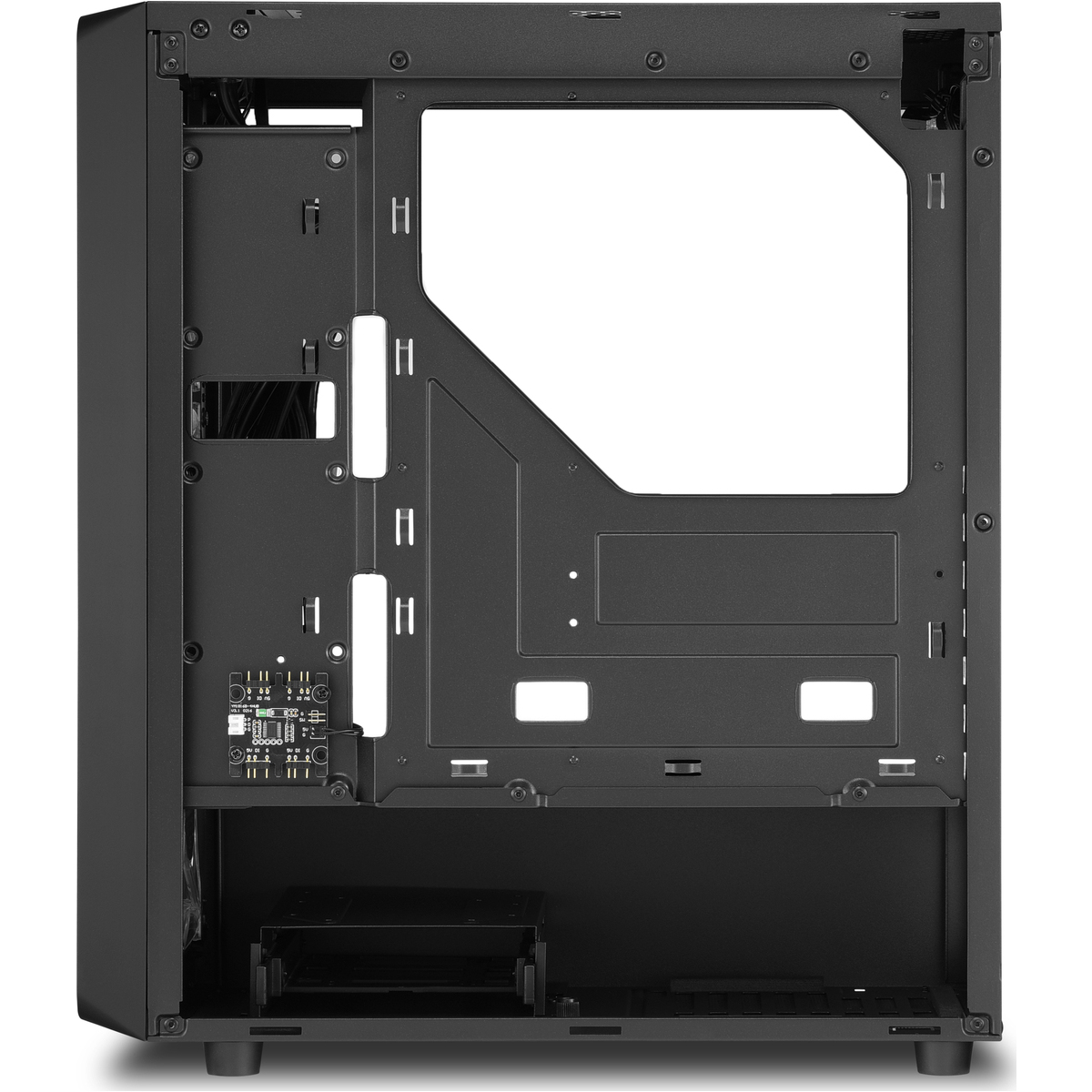 Black computer case, open view. Shows internal structure with motherboard and component mounting areas.