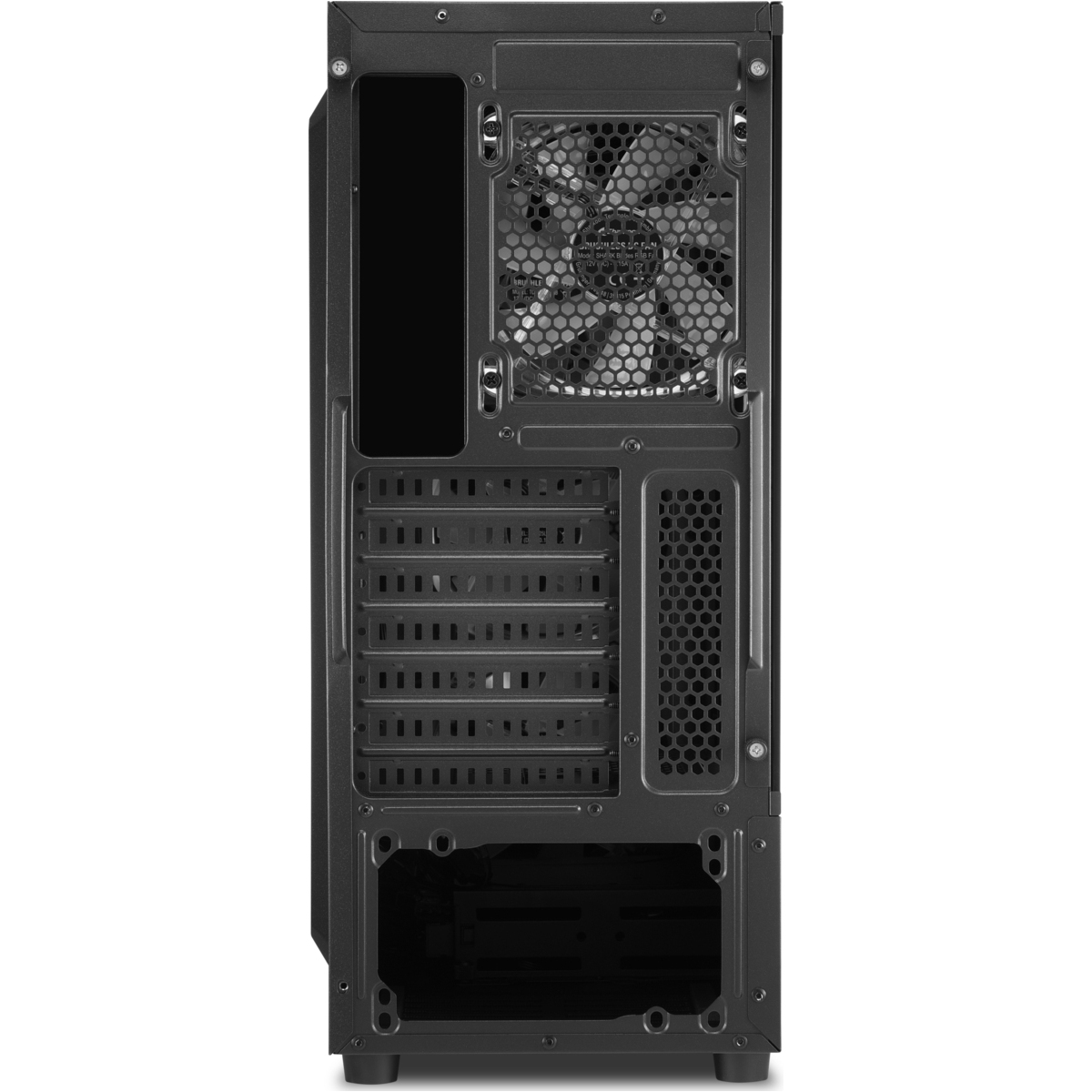 The back of a black computer case, showing vents, fan, and internal slots for components.