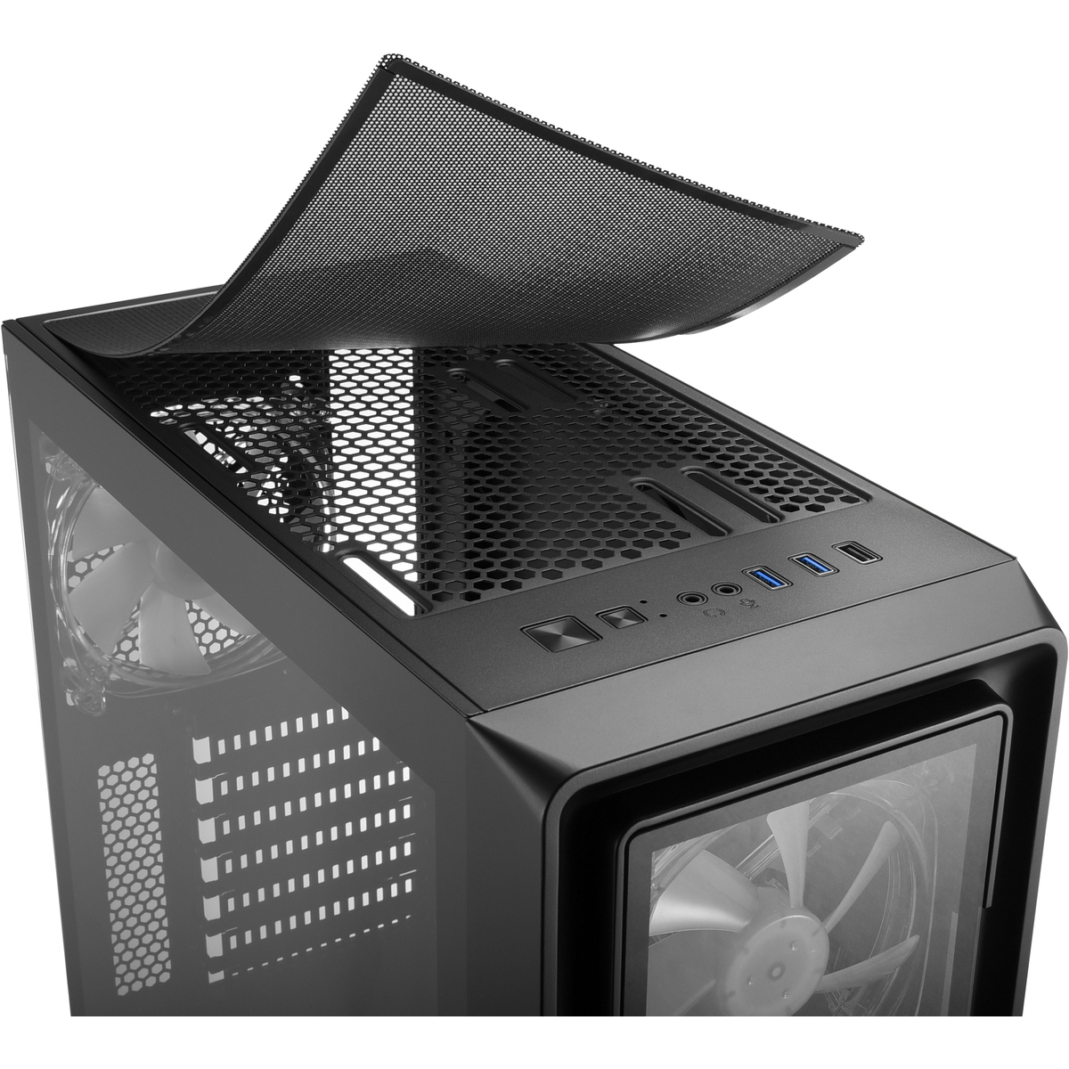 Black computer case with a removable mesh top panel, showing internal components.