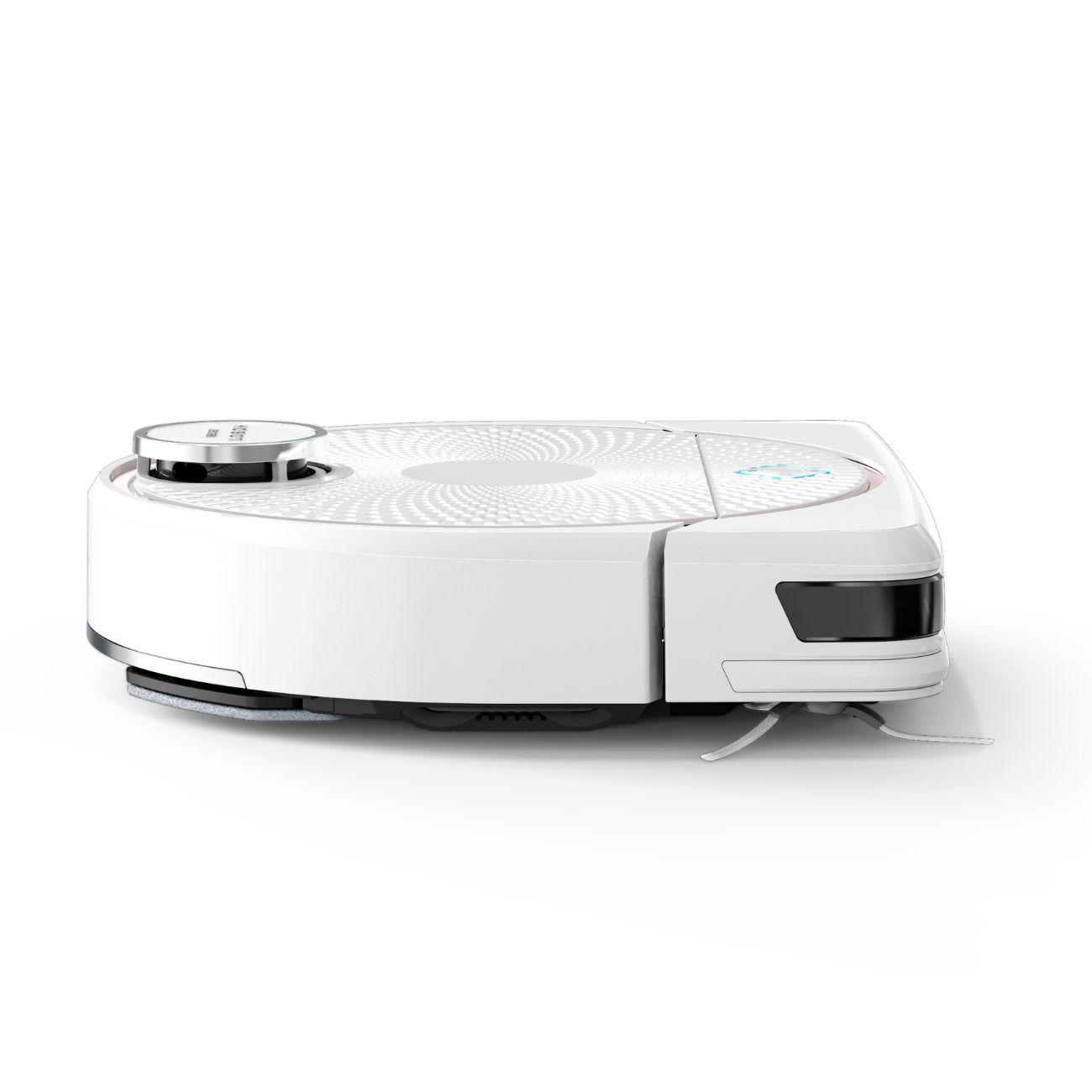 Aspiradora robot blanca sobre una superficie blanca. Parte superior con diseño circular y pantalla pequeña.