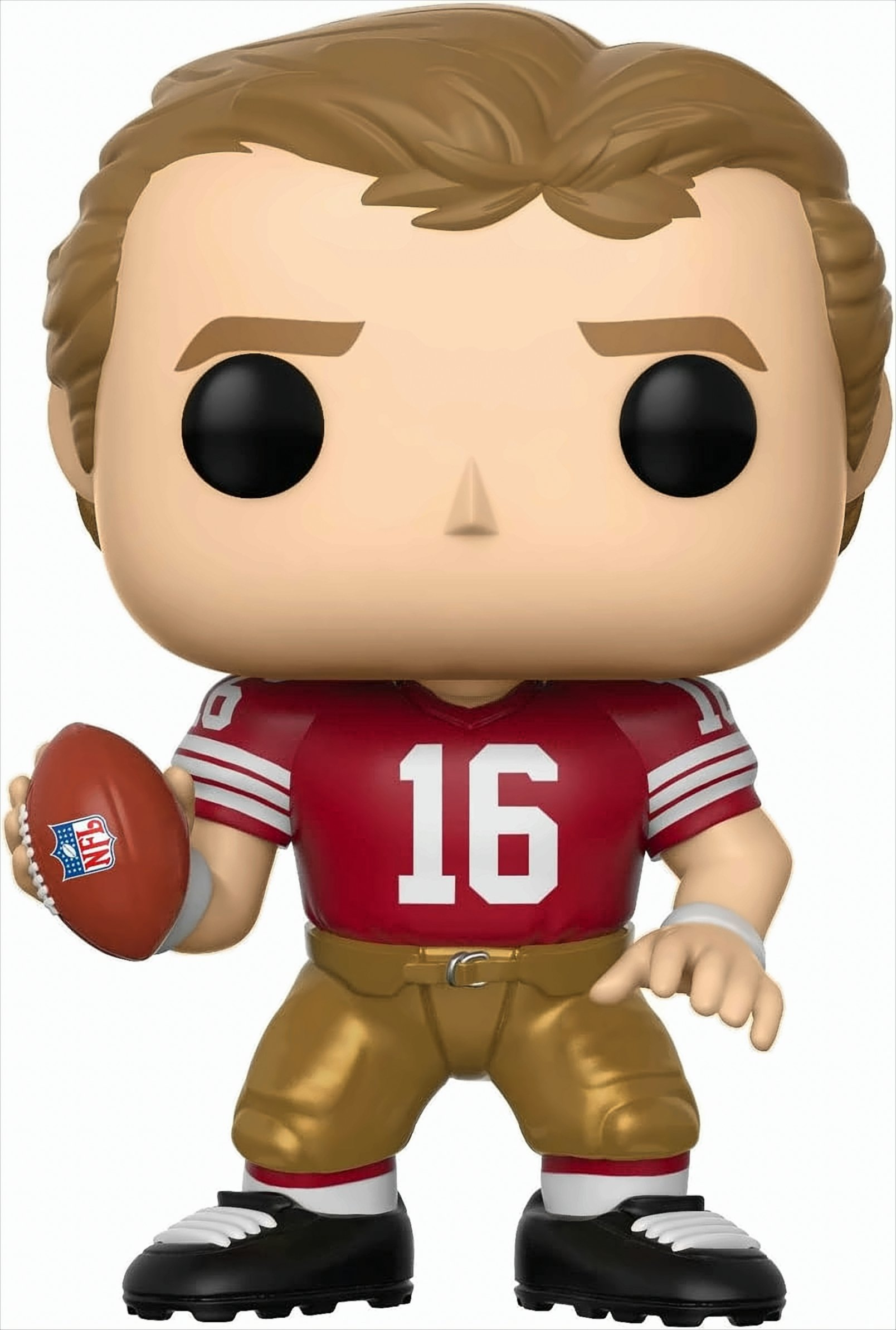 Eine Funko Pop Figur eines Footballspielers in einem roten Trikot mit der Nummer 16.