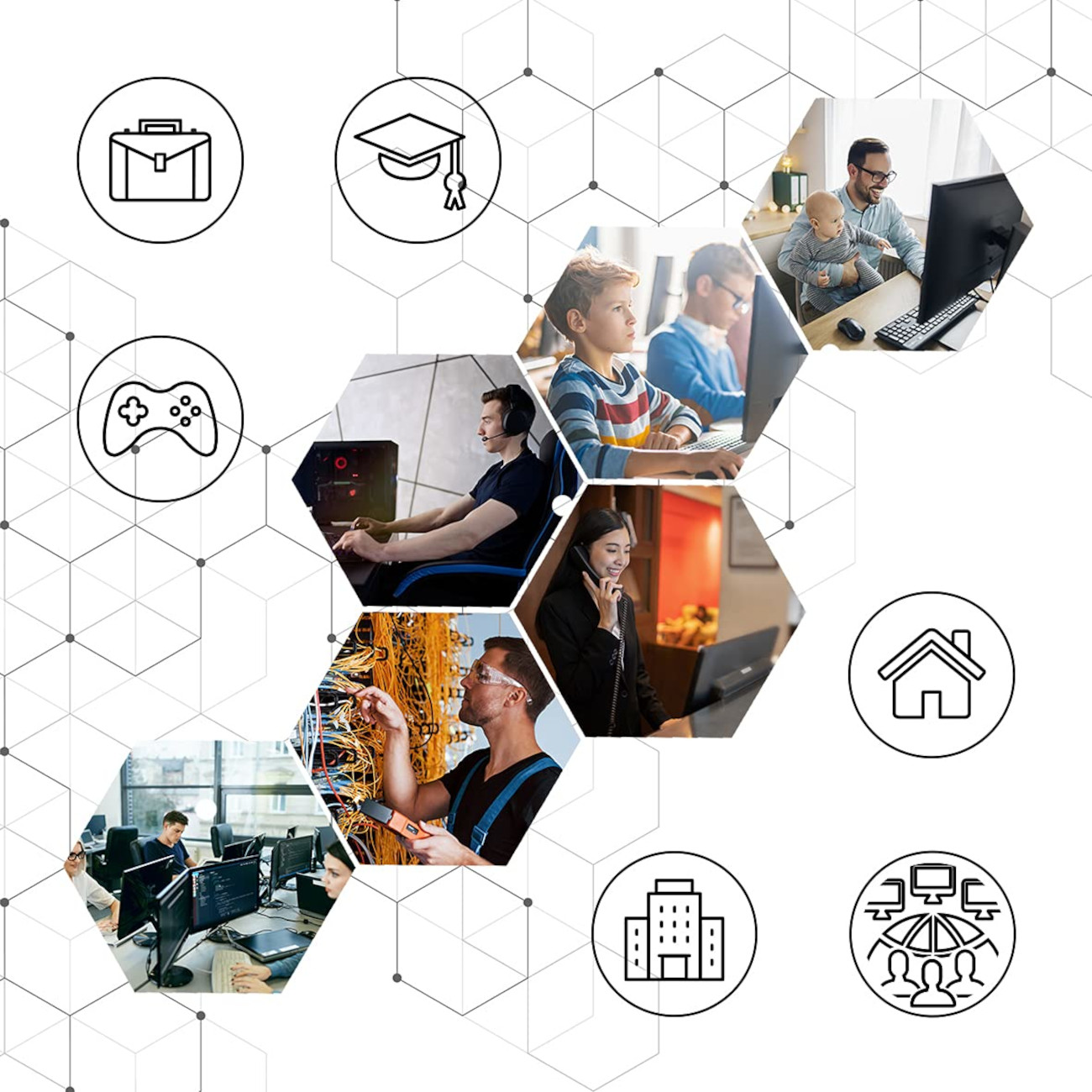 Eine Collage von Personen, die aus der Ferne arbeiten, mit Tech-Symbolen. Enthält eine Aktentasche, eine Abschlusskappe und mehr.