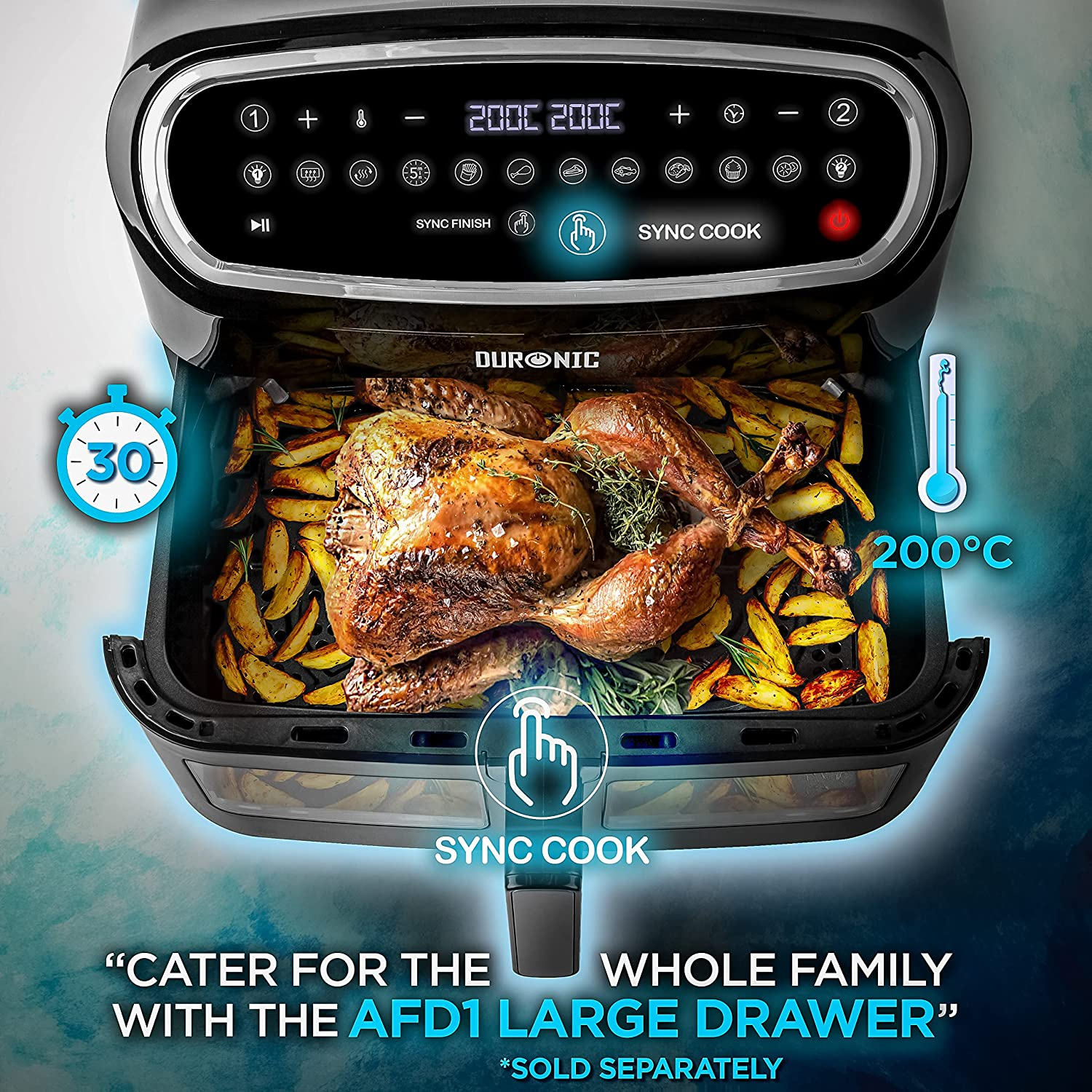 Una freidora de aire con comida cocinada, una pantalla digital y texto, con indicadores de temperatura y temporizador.