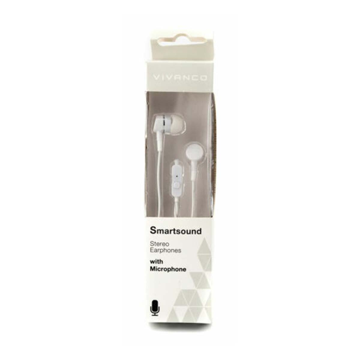 Auriculares blancos en un paquete transparente. Impreso 'Smartsound' y 'Stereo'.