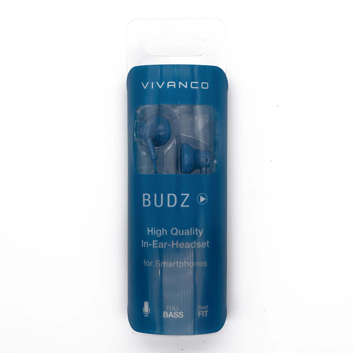 Niebieskie opakowanie słuchawek na białej powierzchni. Słuchawki są widoczne.