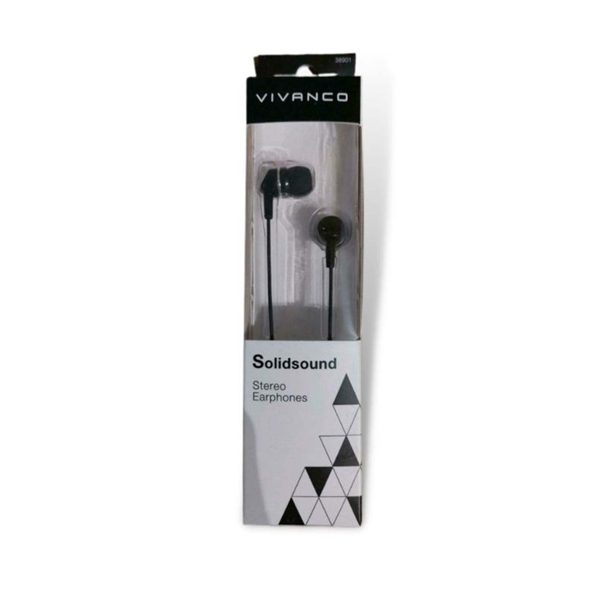 Auriculares en una caja. La caja es blanca, con la marca Vivanco.