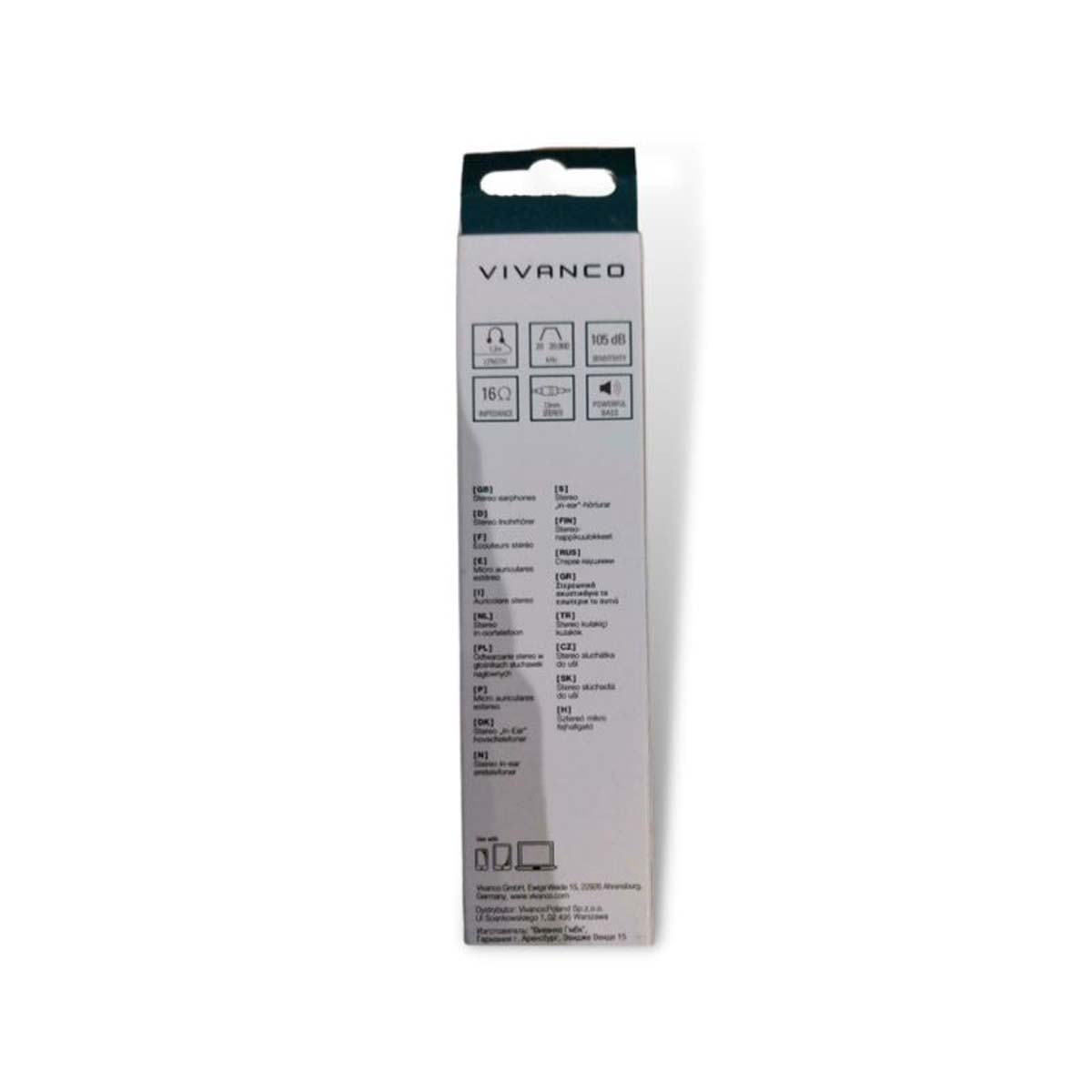 Caja de auriculares con especificaciones y detalles en varios idiomas.