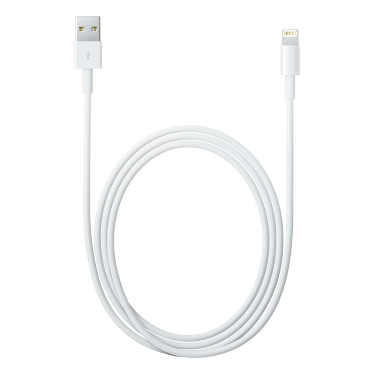 Cavo da USB a Lightning bianco. Entrambe le estremità sono visibili, arrotolate in un anello.