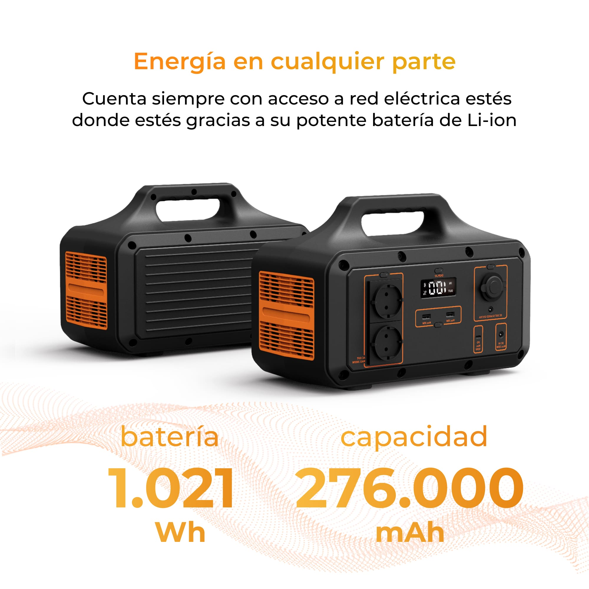 Dwie czarne przenośne stacje zasilania z pomarańczowymi akcentami i ich specyfikacjami.