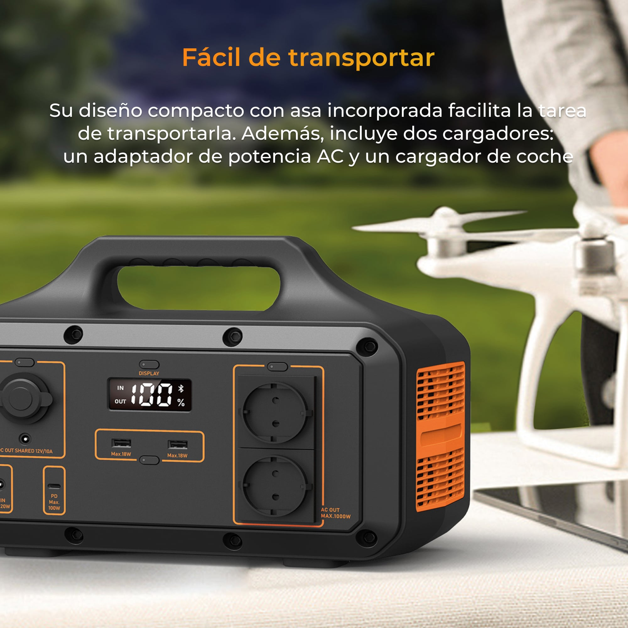 Przenośna stacja zasilania z dronem i tabletem oraz tekstem mówiącym, że jest łatwa w transporcie.