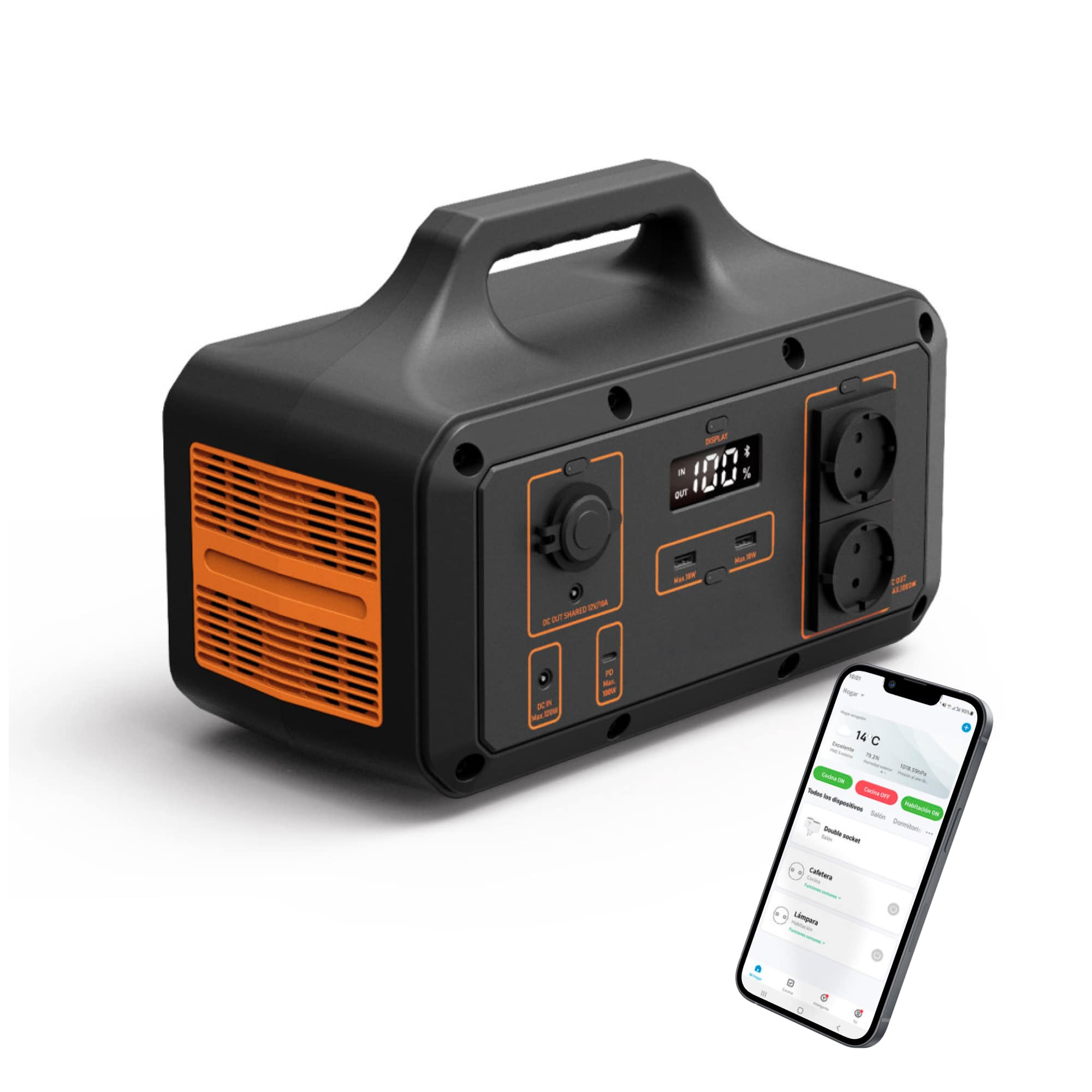 Czarno-pomarańczowa stacja zasilania ze smartfonem. Białe tło.