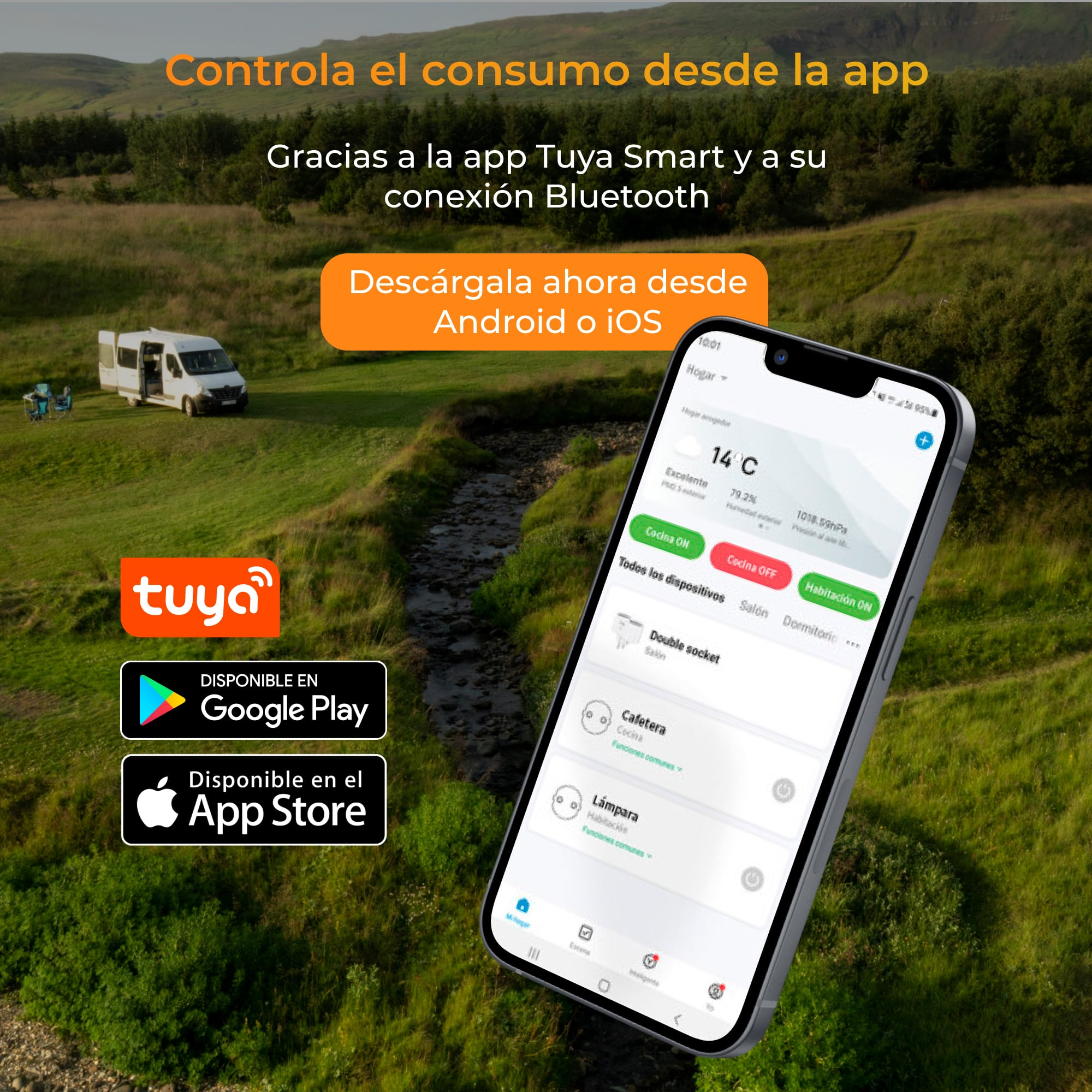 Smartfon wyświetlający aplikację smart home z naturalnym krajobrazem w tle.