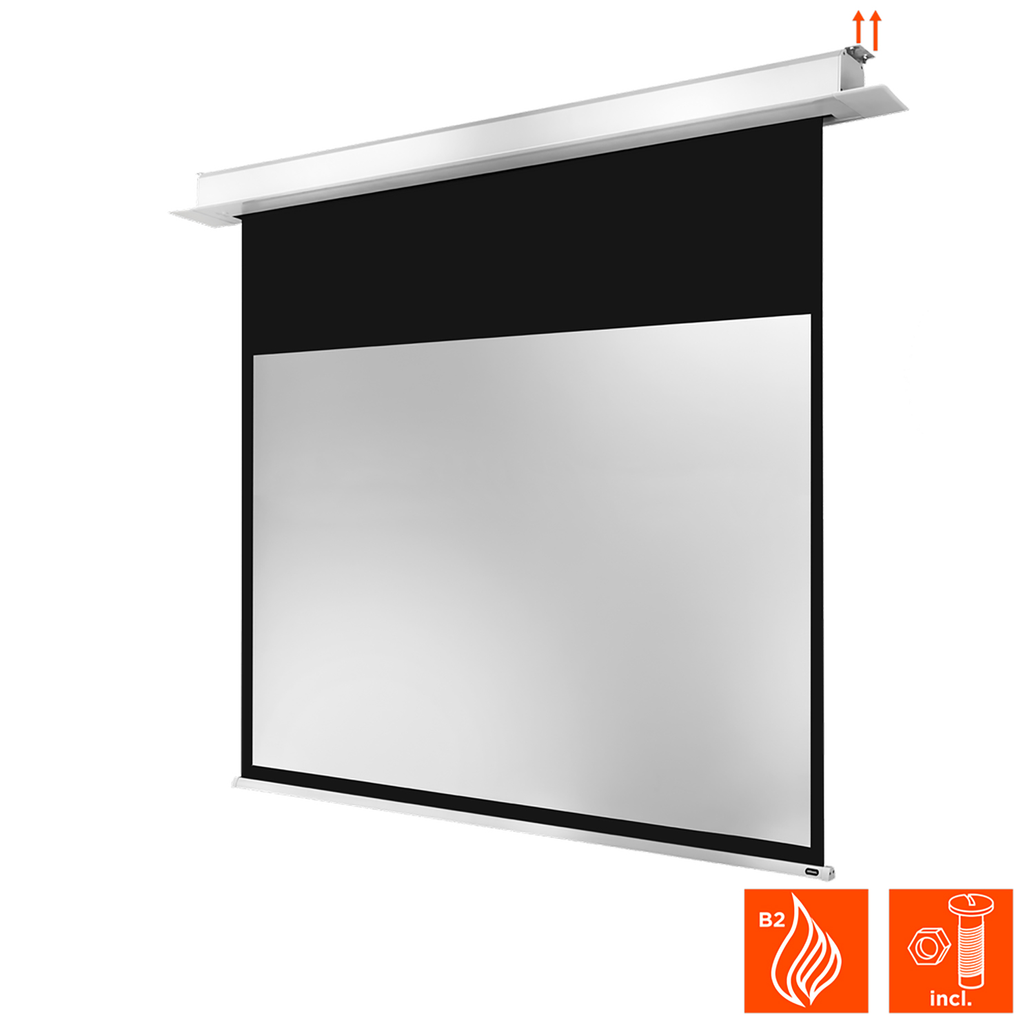 Eine weiße Projektorleinwand, die sich von einer weißen Deckenhalterung erstreckt. Hat ein Flammen- und ein Schraubensymbol.