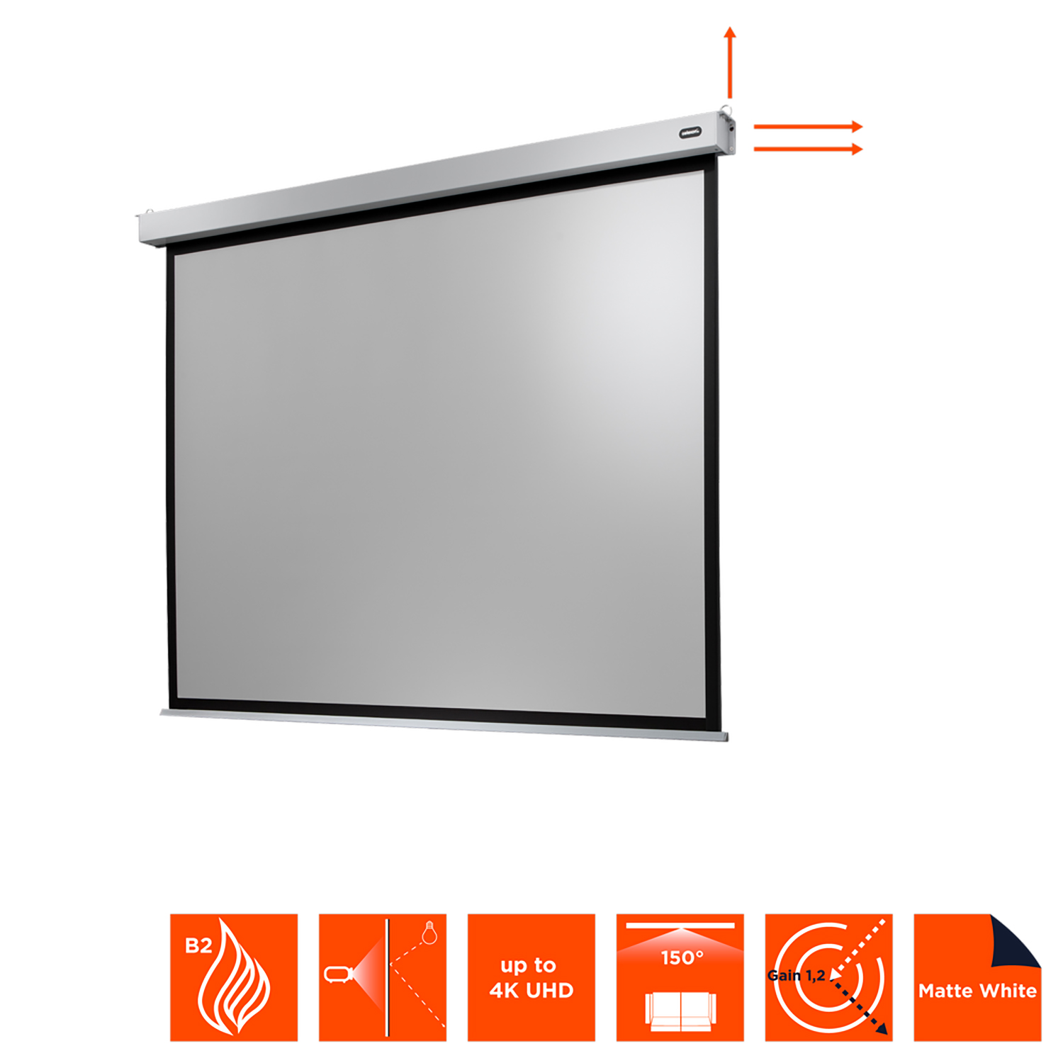Weiße Projektionsleinwand in Metallgehäuse. Pfeile zeigen Befestigungspunkte.