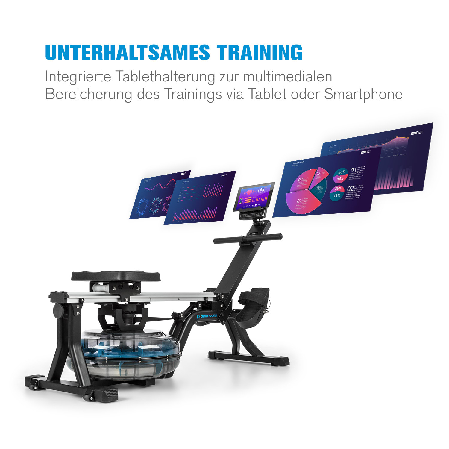 Un vogatore con un supporto per tablet che mostra grafici di dati. Altri grafici sullo schermo.