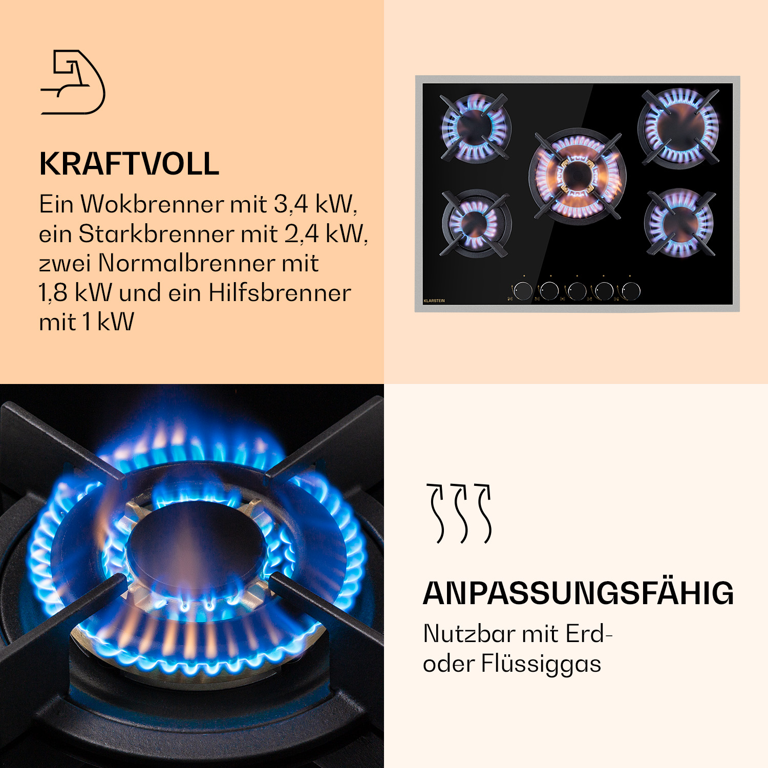 Piano cottura a gas con bruciatori accesi, descrizioni testuali e icone.