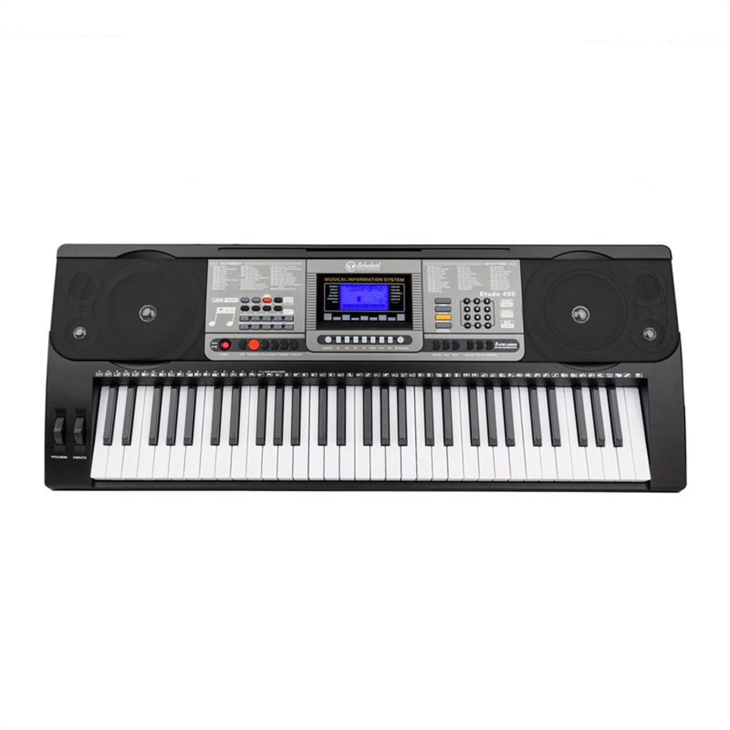 Schwarzes Digitalpiano mit weißen Tasten. Bedienfeld in der Mitte. Lautsprecher an beiden Seiten.