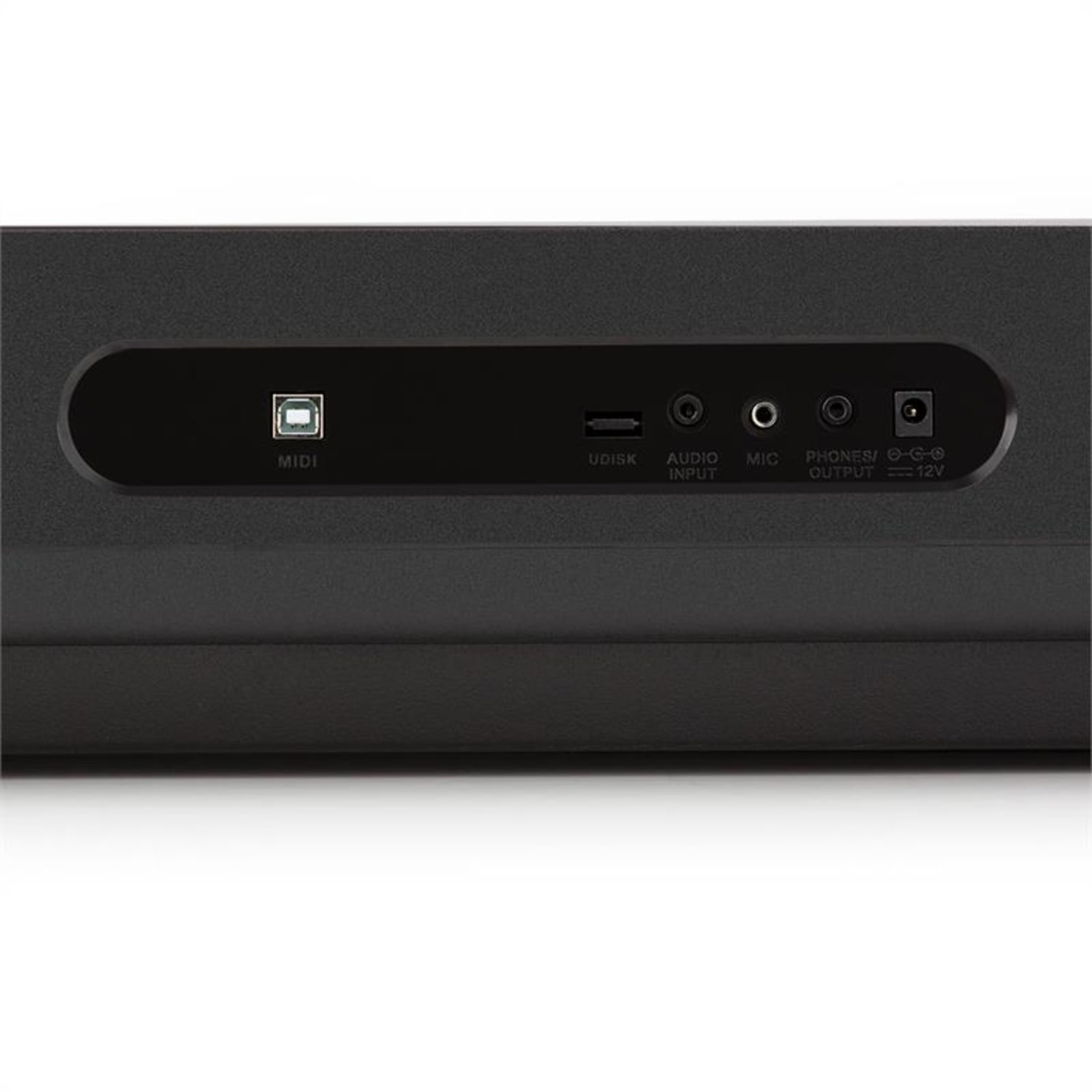 Rückseite eines schwarzen Digitalpianos. Merkmale sind MIDI, USB, Audioeingang, Mikrofoneingang und Ausgangsanschlüsse.