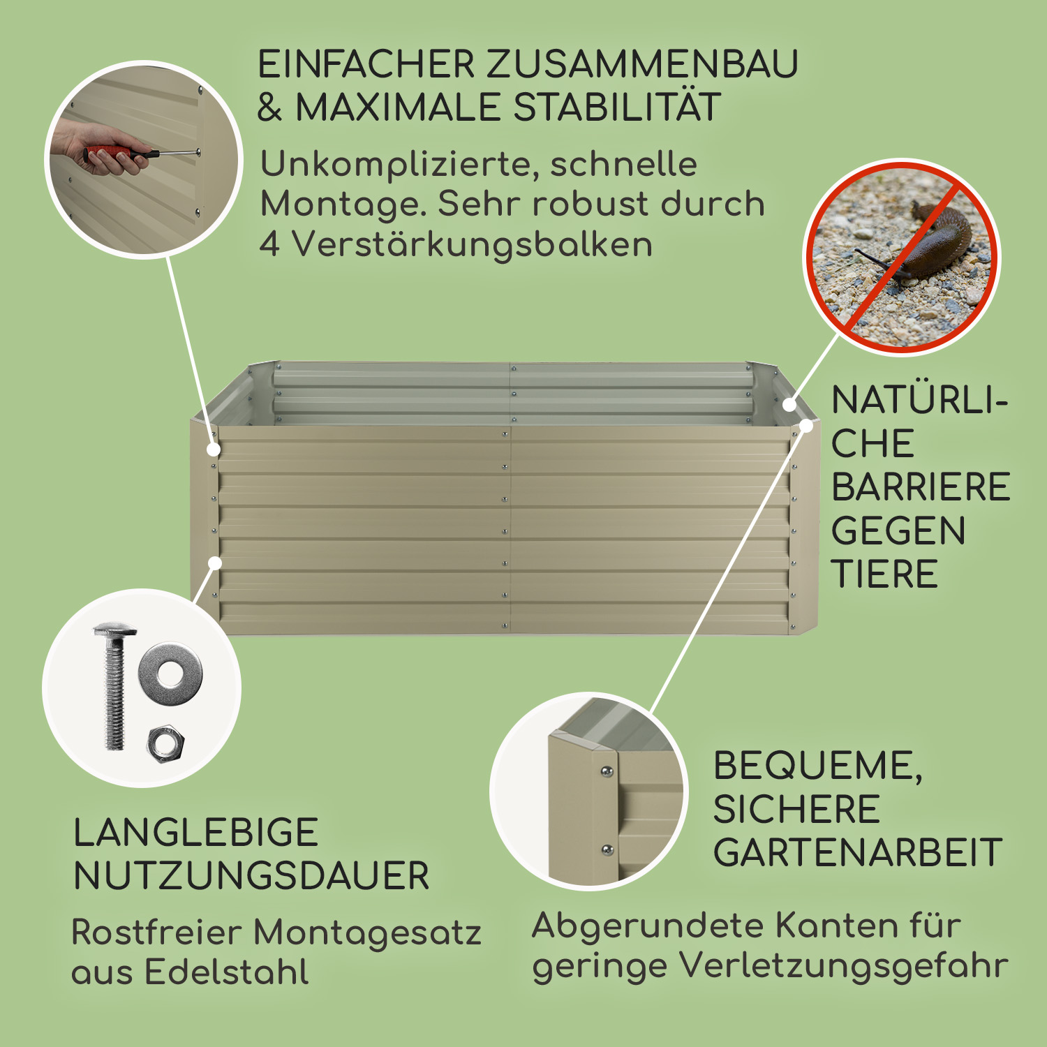Diagramm mit Text über ein Hochbeet-Set, das Montage und Merkmale wie Edelstahl zeigt.