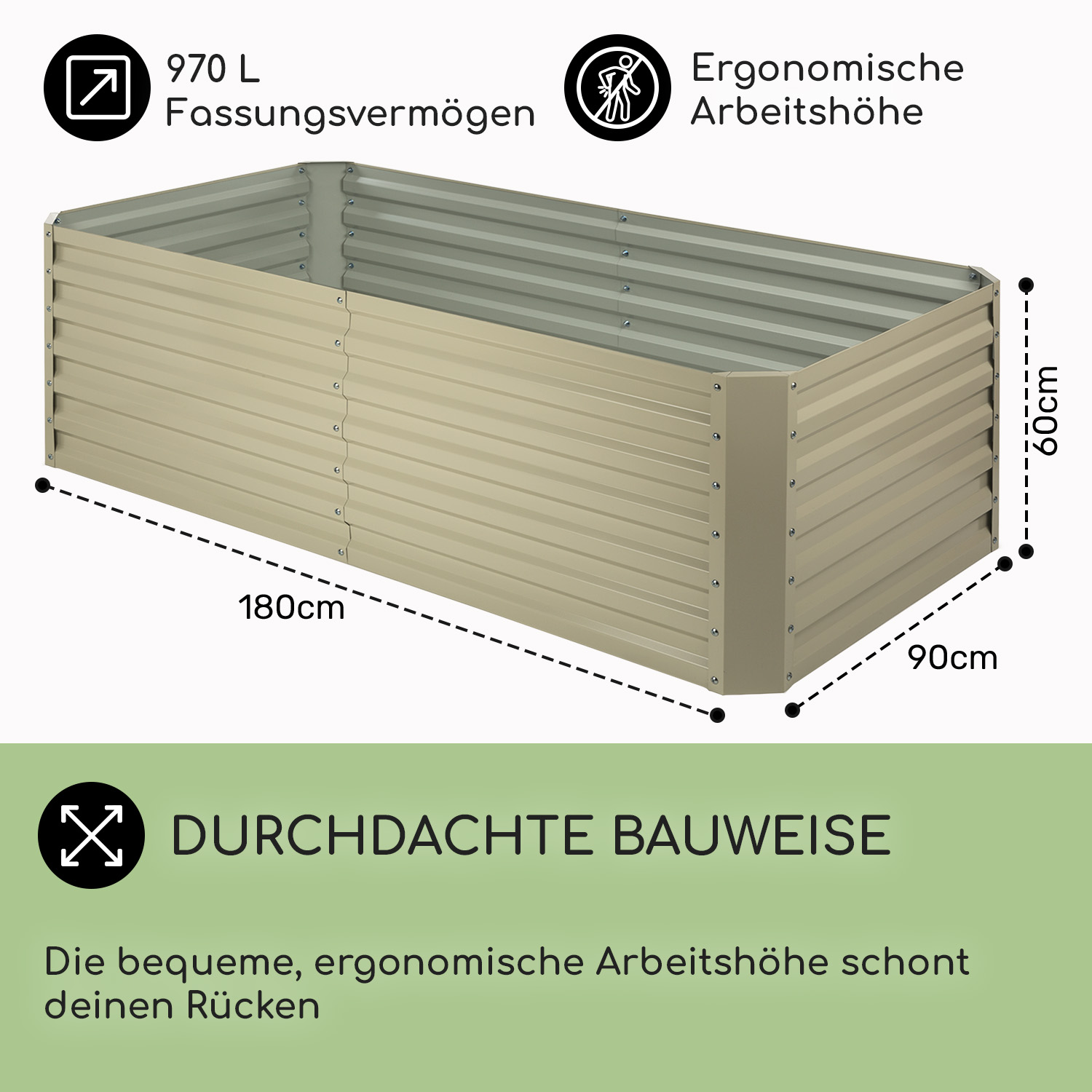 Ein beiges rechteckiges Hochbeet mit Abmessungen und Beschriftungen, die Kapazität und ergonomische Höhe zeigen.