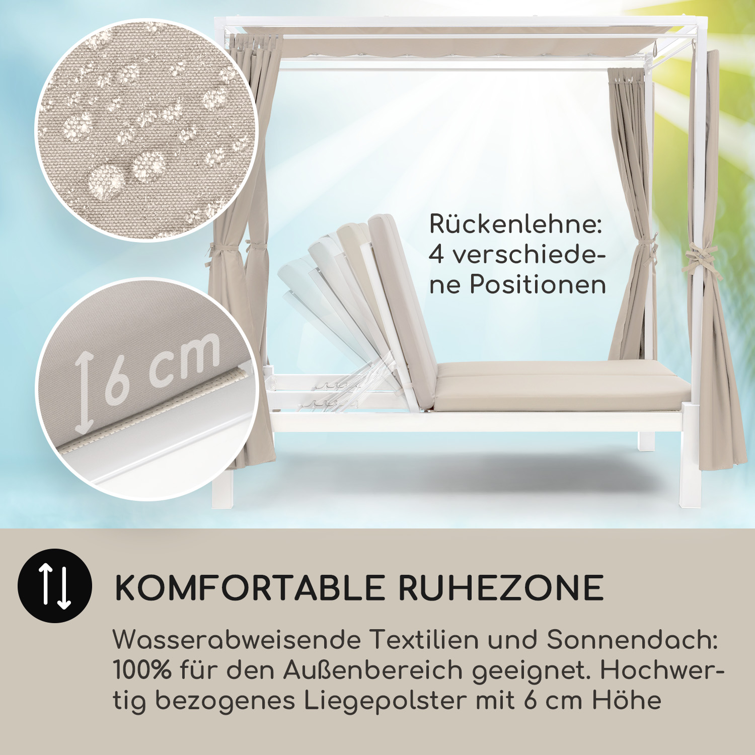 Weißes Außenbett mit Vorhängen. Weißer Hintergrund.