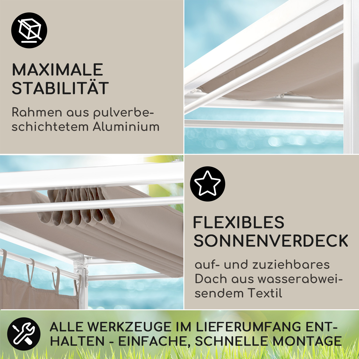 Nahaufnahme einer weißen Pavillonstruktur mit Text, der Merkmale wie Stabilität und einziehbarer Dach beschreibt.