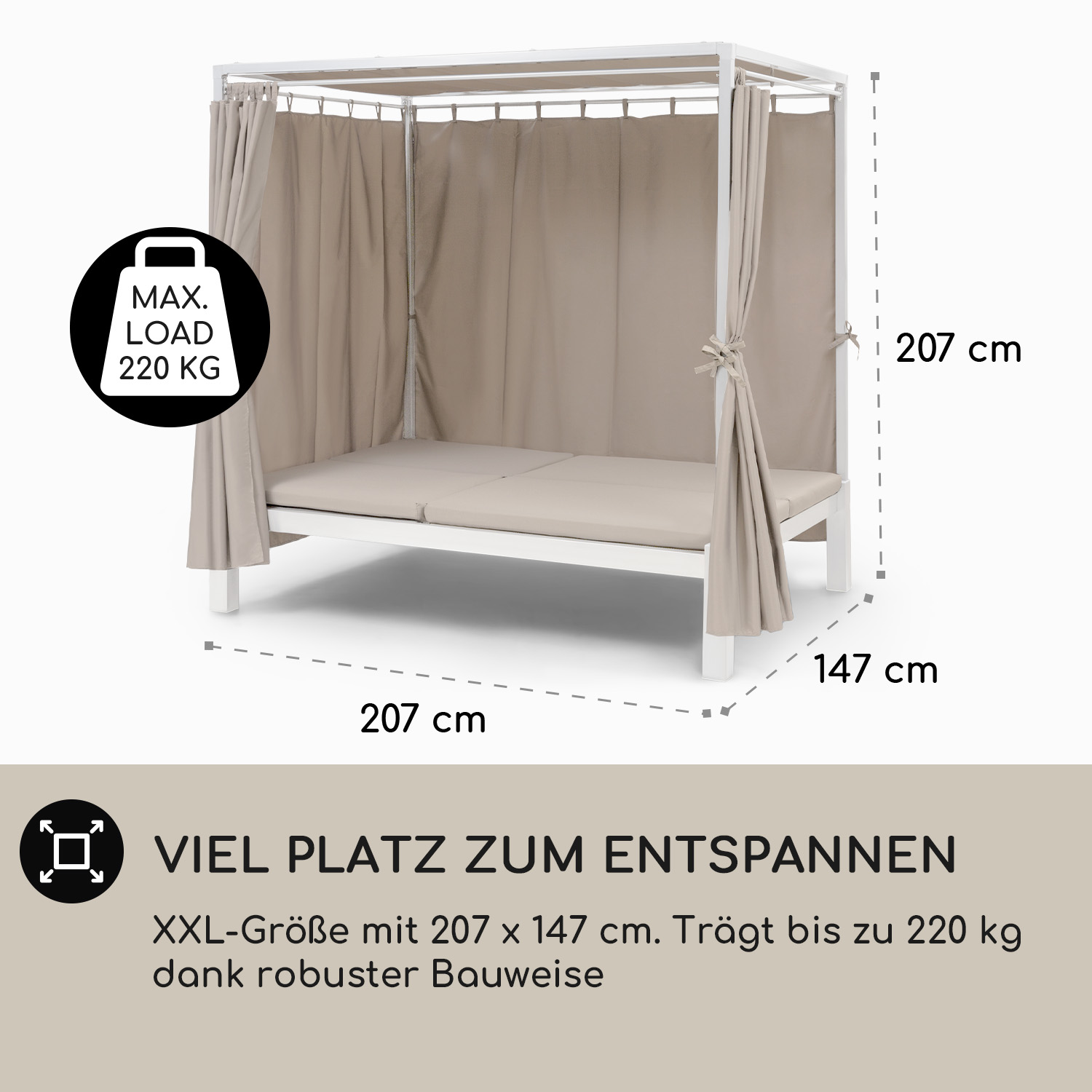 Weisses Outdoor-Bett mit Vorhängen und Abmessungen in cm, mit einer max. Belastung von 220 kg.