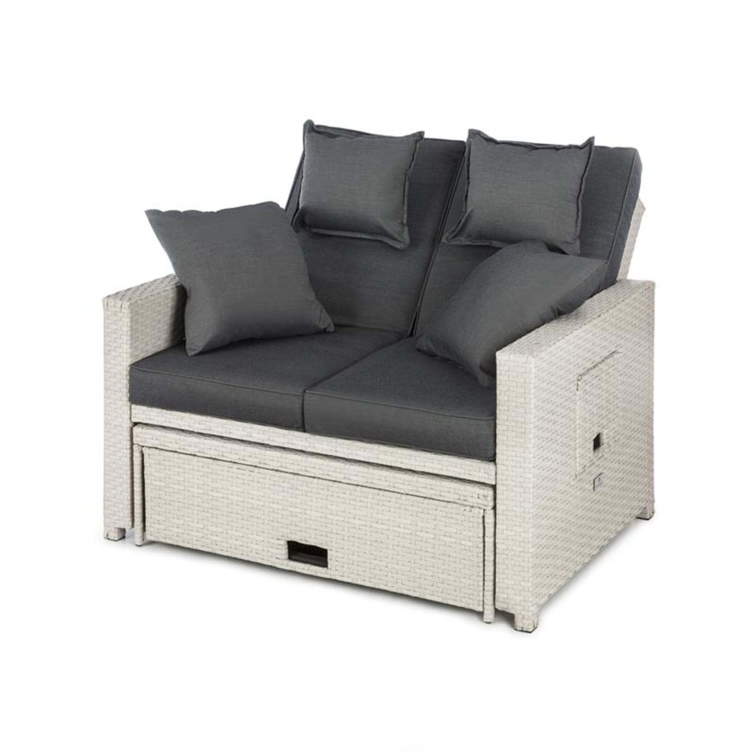 Ein weißes Outdoor-Sofa aus Korbgeflecht mit grauen Kissen und einer Schublade.